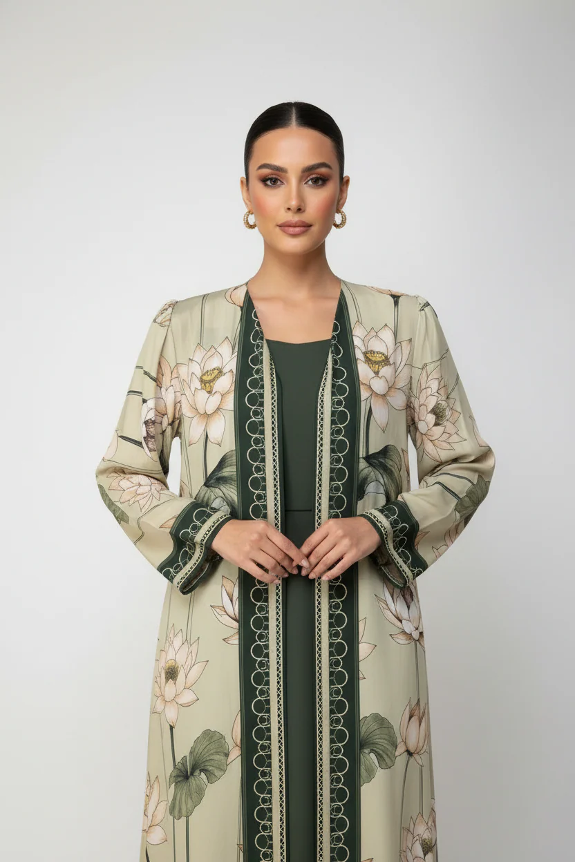 C 2090 Green Lotus Printed Abaya