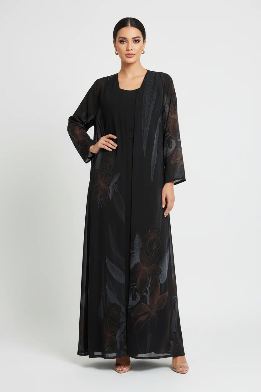 C 2119-02 Black Brown Printed Abaya - Image 2