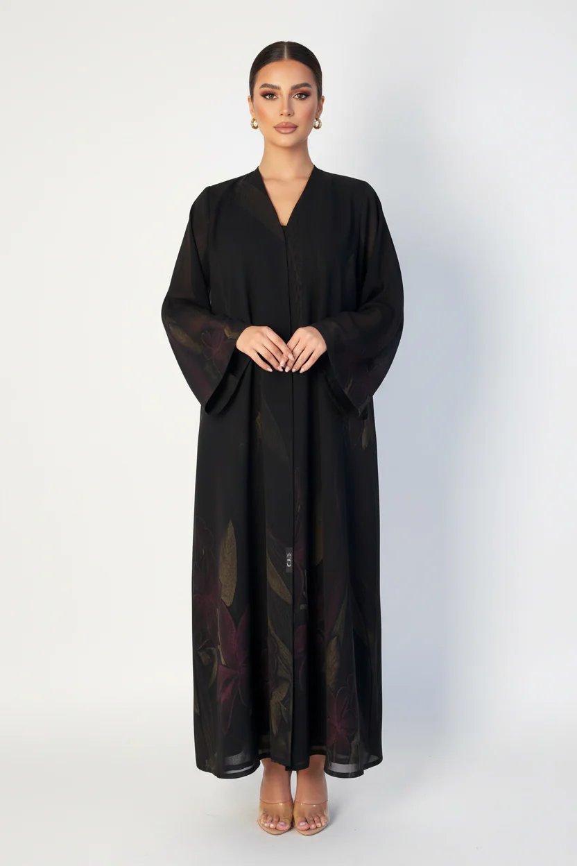 C 2119-04 Black Magenta Printed Abaya - Image 2