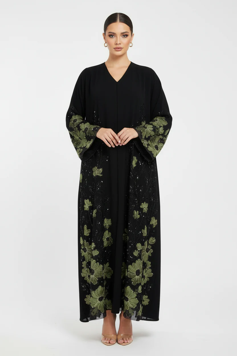 C 2120-03 Olive Beaded Dantel Abaya - Image 2