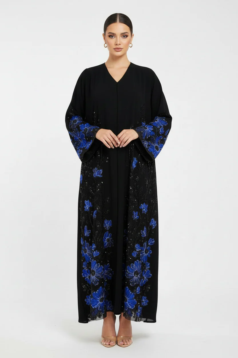 C 2120-04 Royal Blue Beaded Dantel Abaya - Image 2