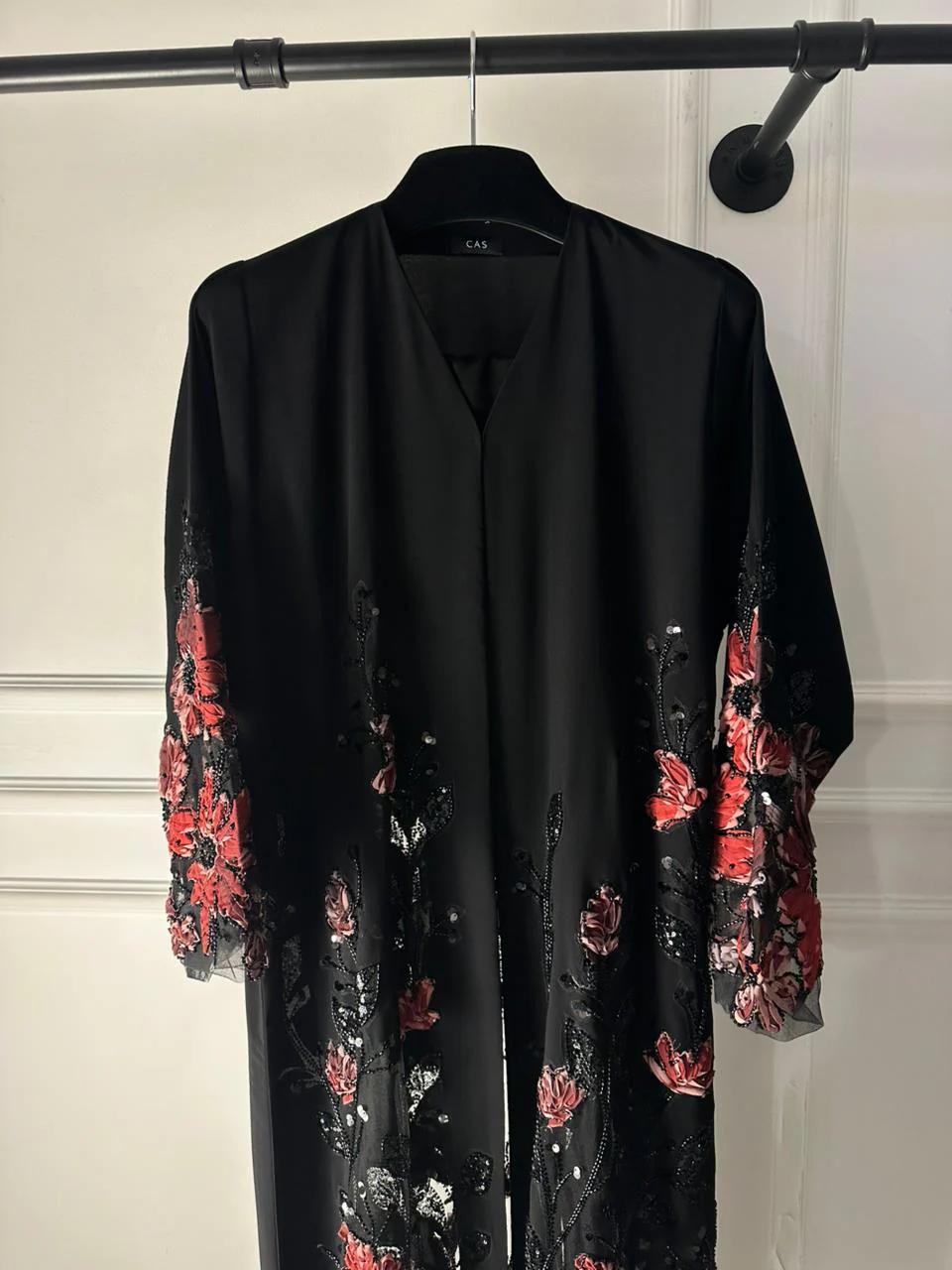 C 2120-05 Crimson Beaded Dantel Abaya - Image 3