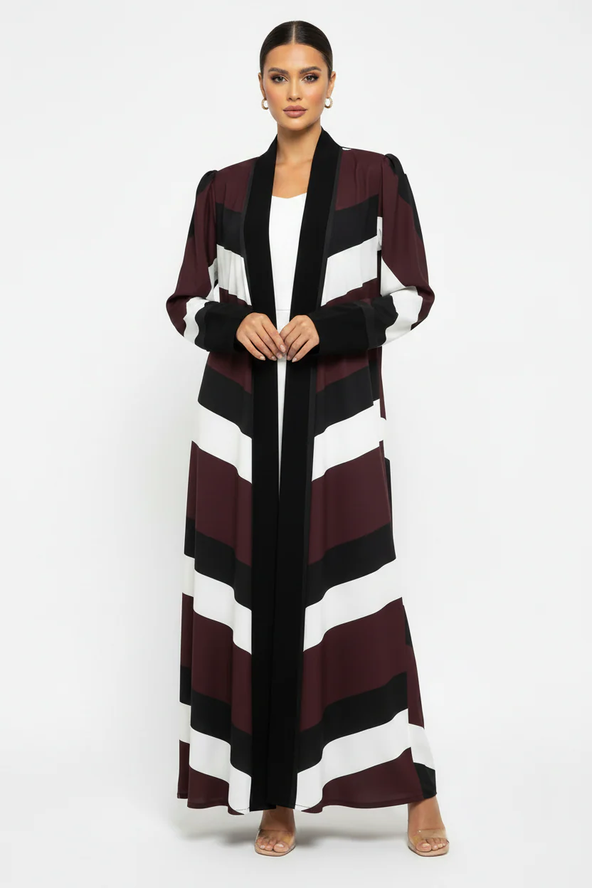 C 2134 Burgundy Stripe Printed Abaya - Image 3