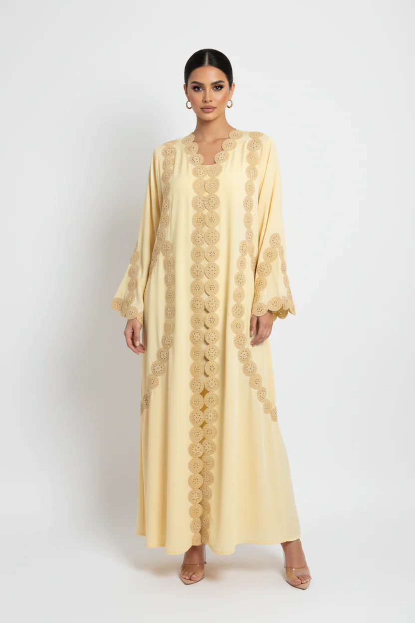 C 2142-01 Yellow Crystal Lace Abaya - Image 2