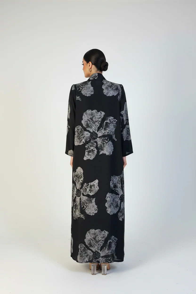C 2149-01 Black Floral Printed Abaya - Image 3