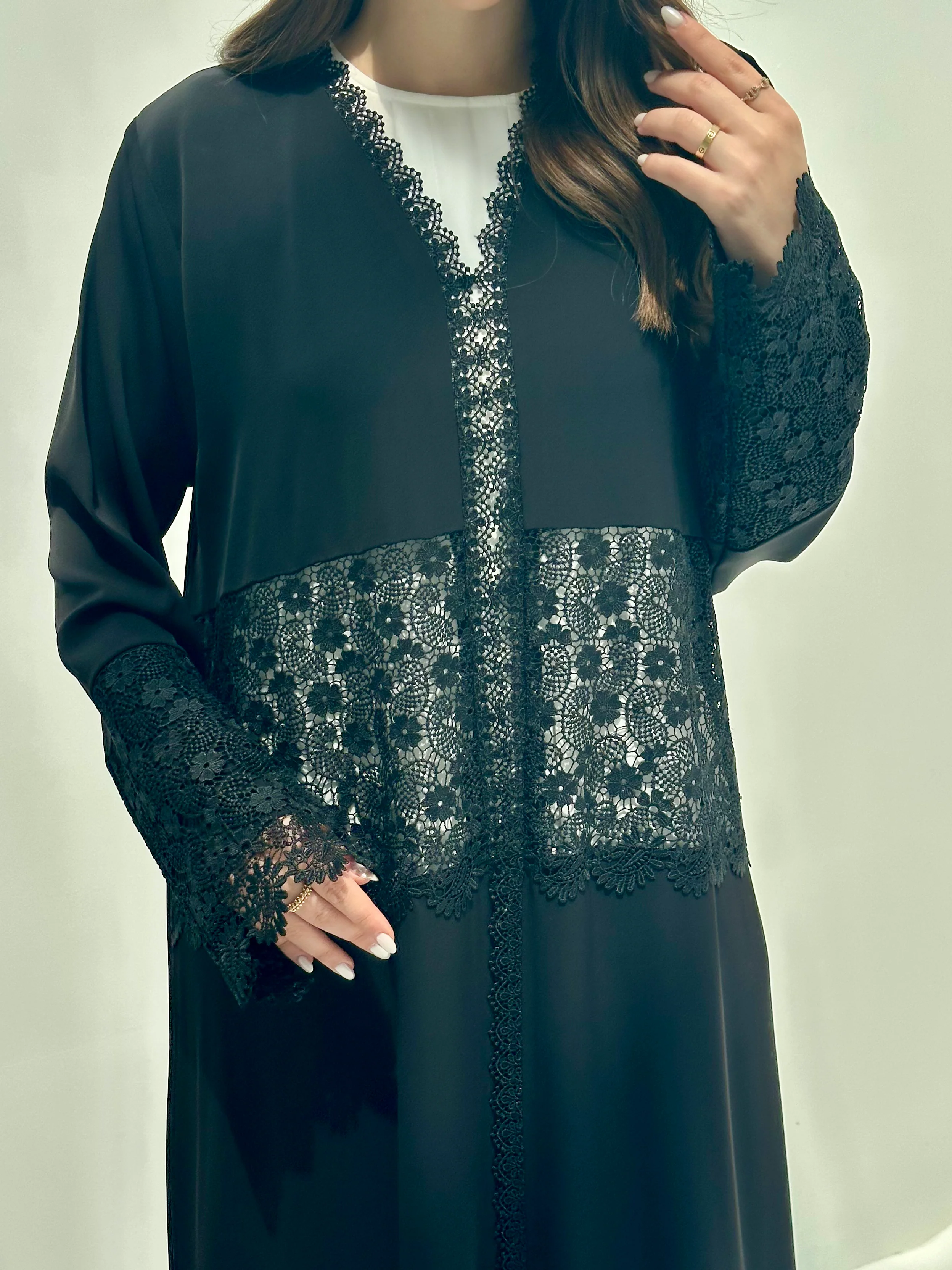 C 2153 Black Floral Lace Eid Abaya - Image 4