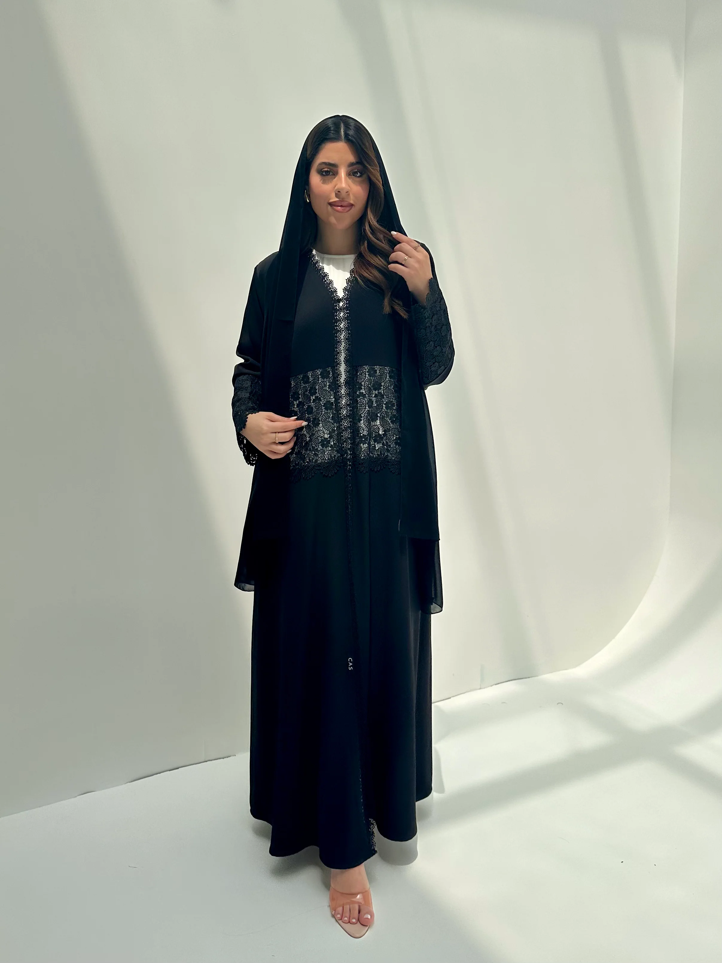C 2153 Black Floral Lace Eid Abaya - Image 5