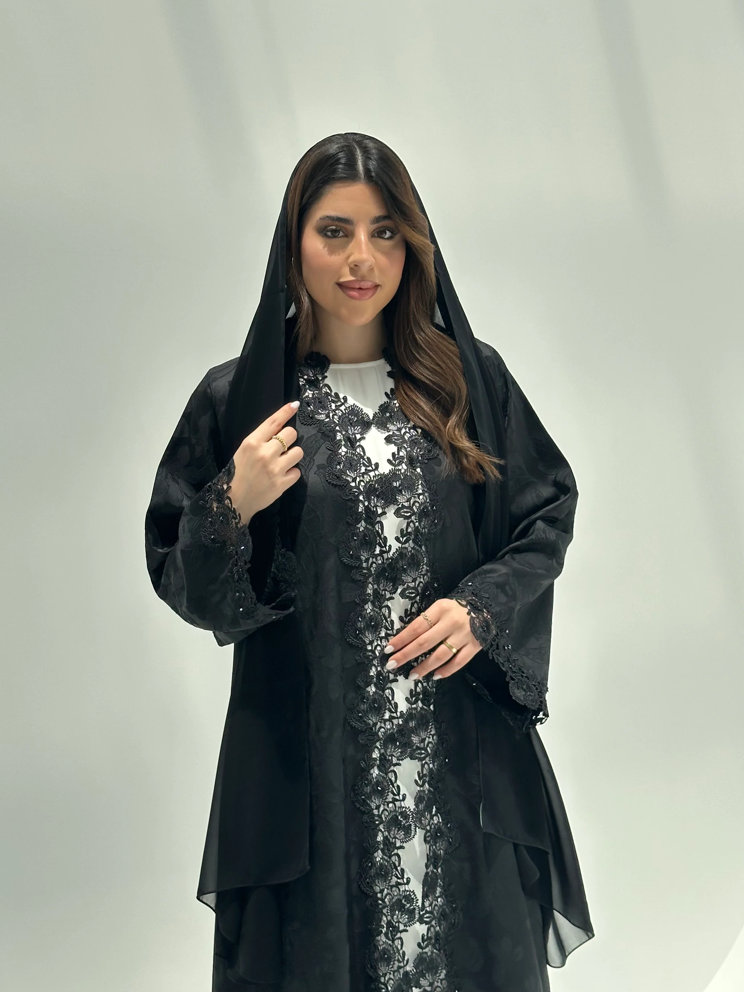 C 2164 Black Floral Lace Eid Abaya