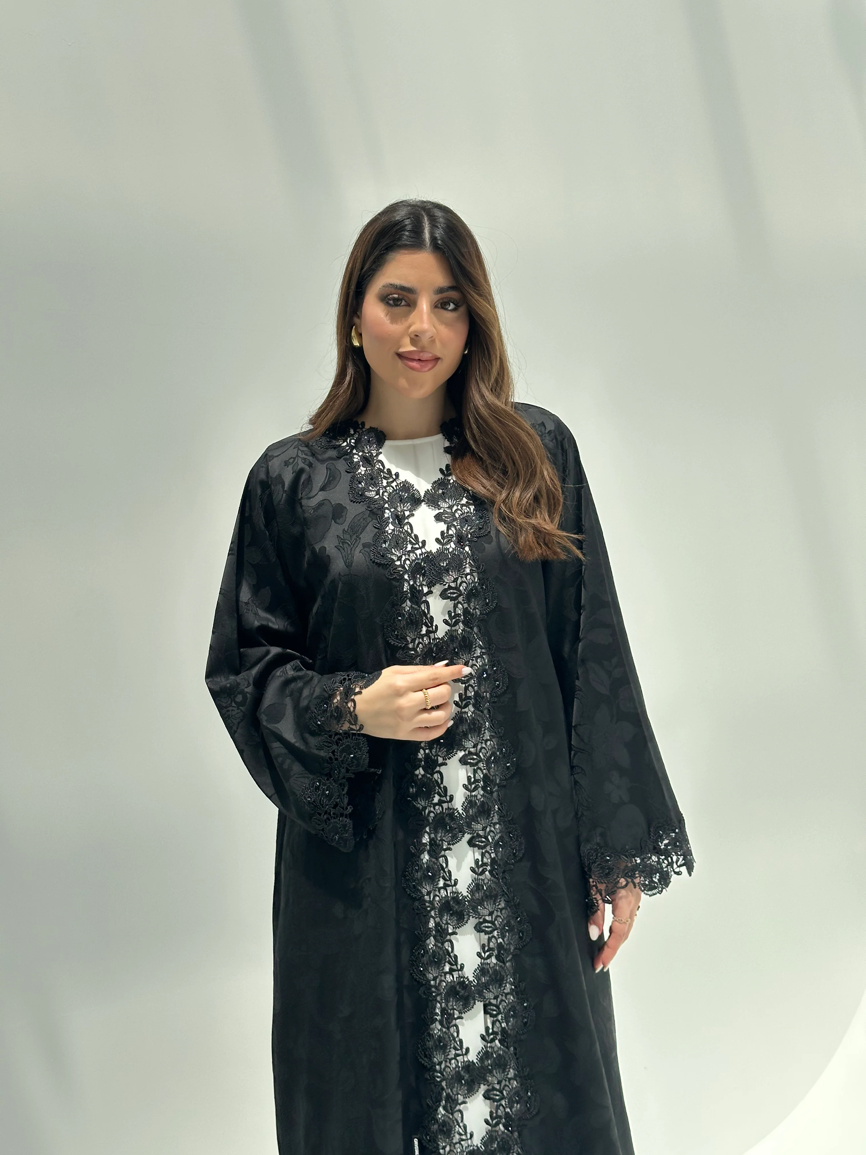 C 2164 Black Floral Lace Eid Abaya - Image 2