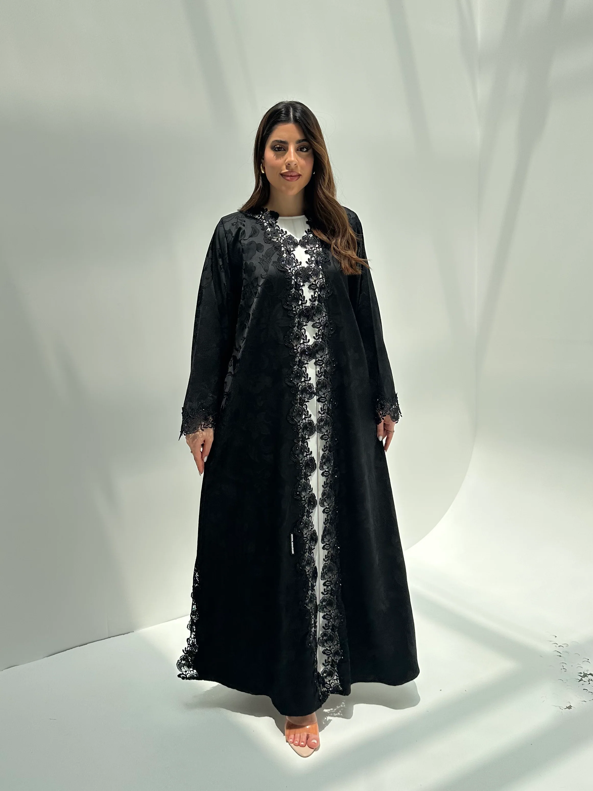 C 2164 Black Floral Lace Eid Abaya - Image 3