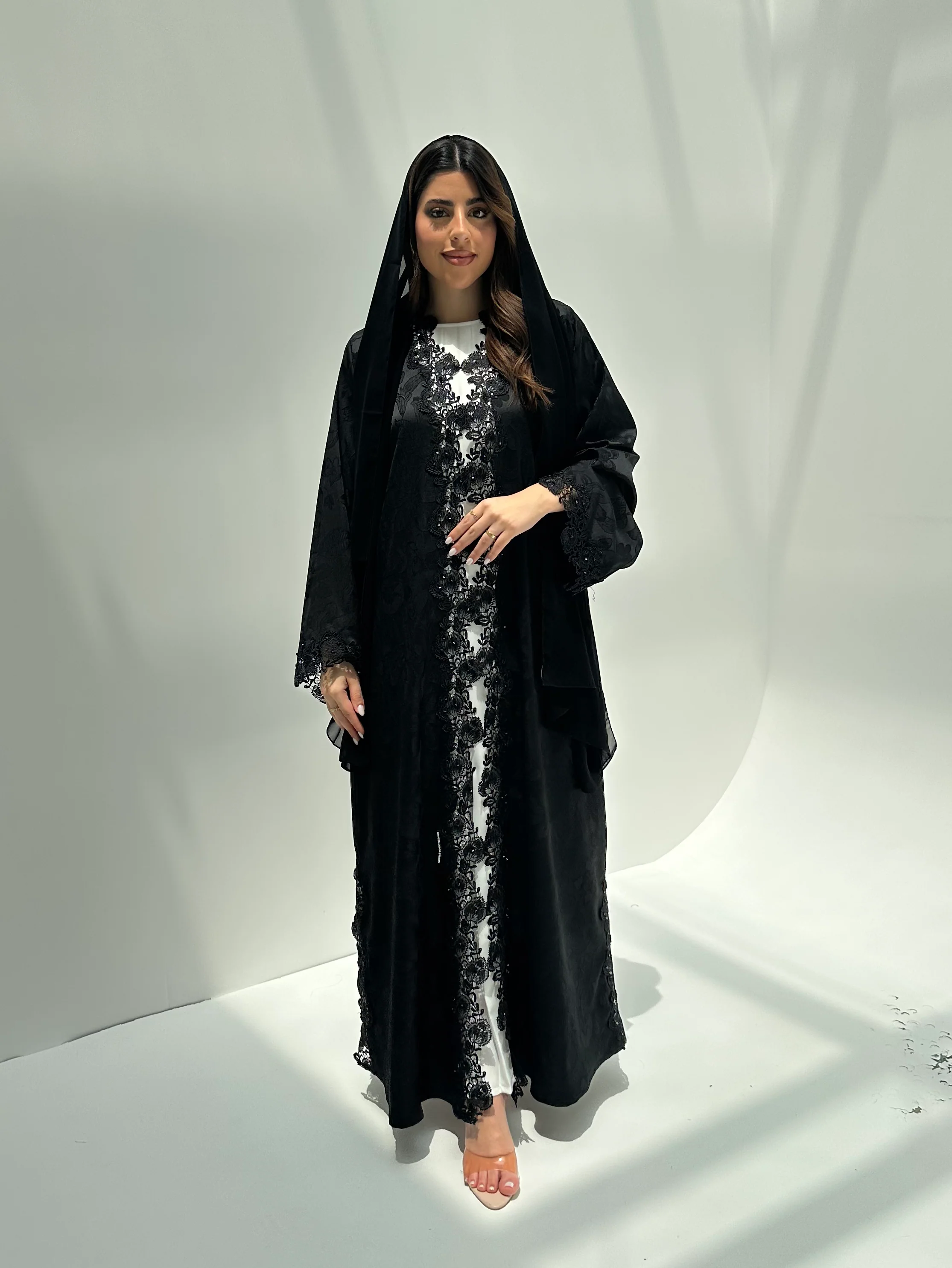 C 2164 Black Floral Lace Eid Abaya - Image 5