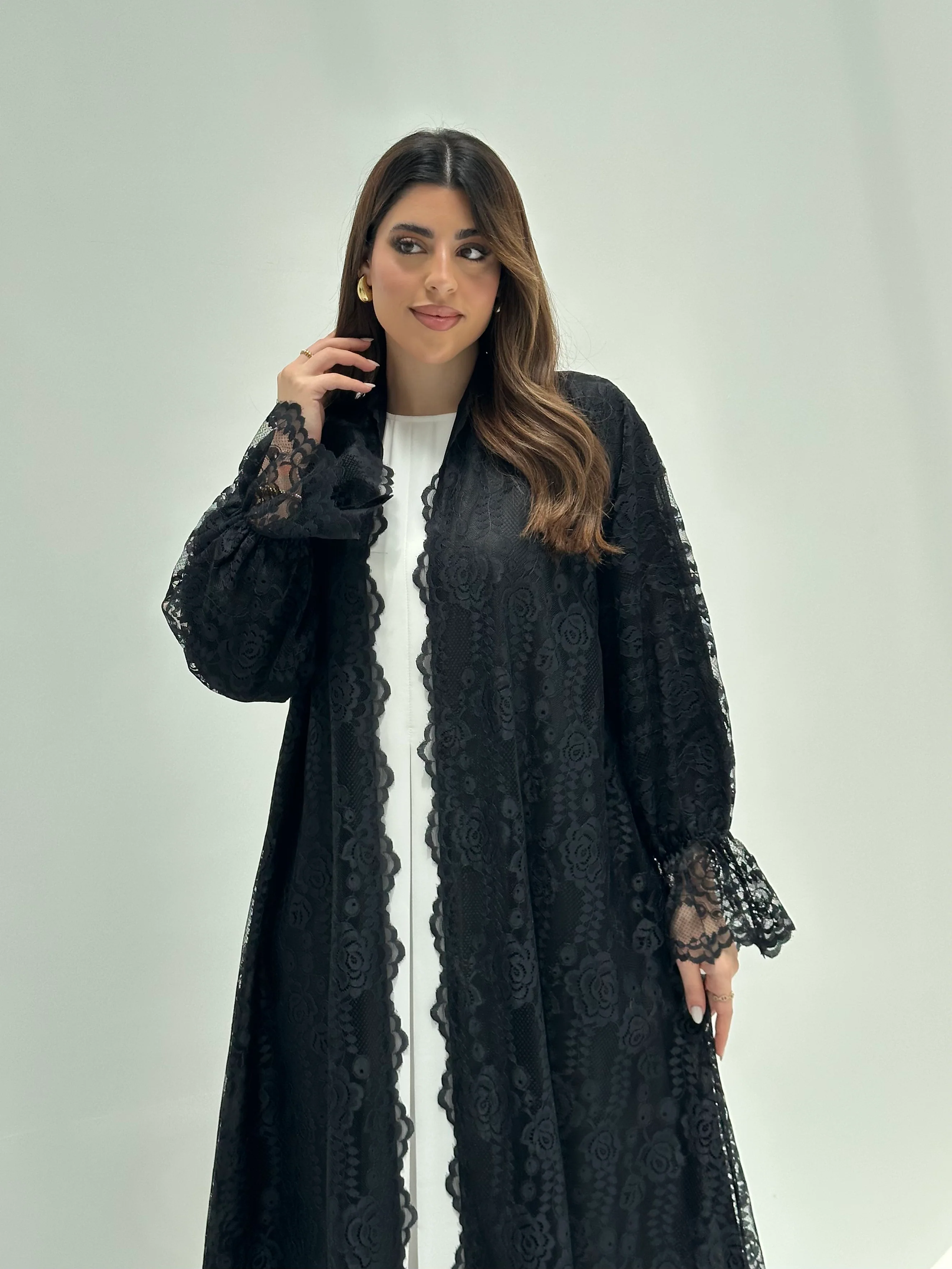 C 2169 Black Floral Dantel Eid Abaya - Image 2