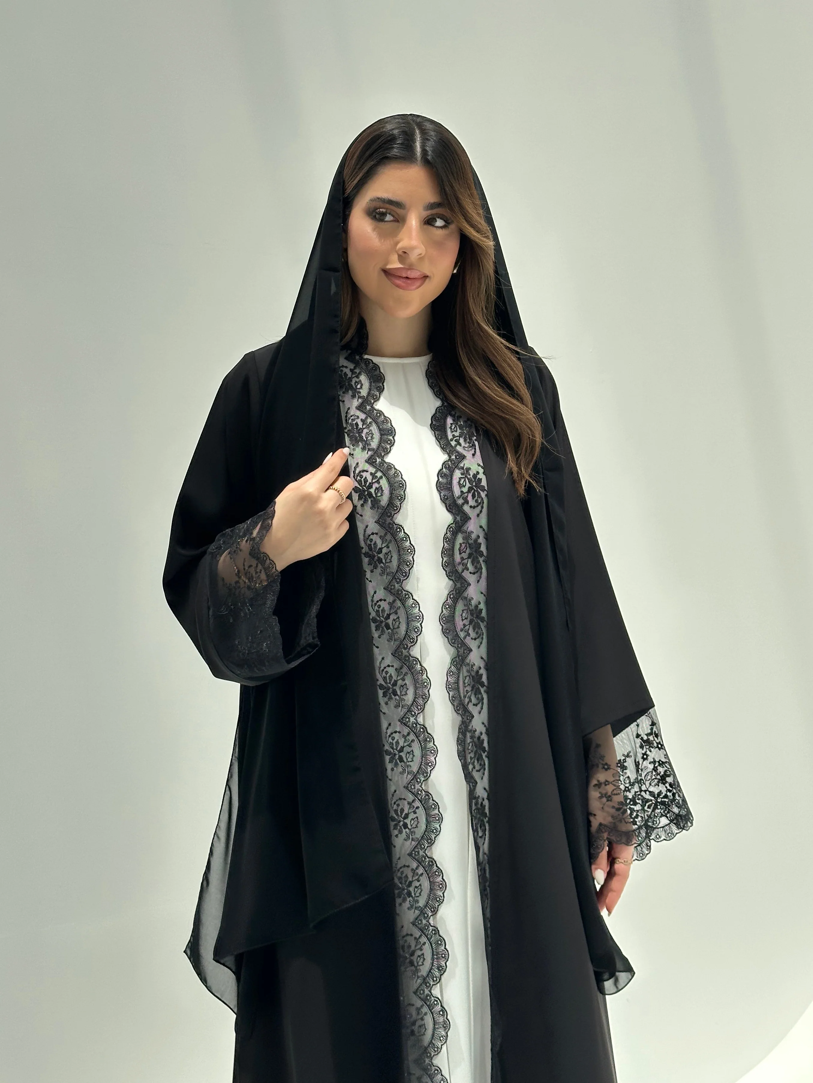 C 2170 Black Floral Lace Eid Abaya