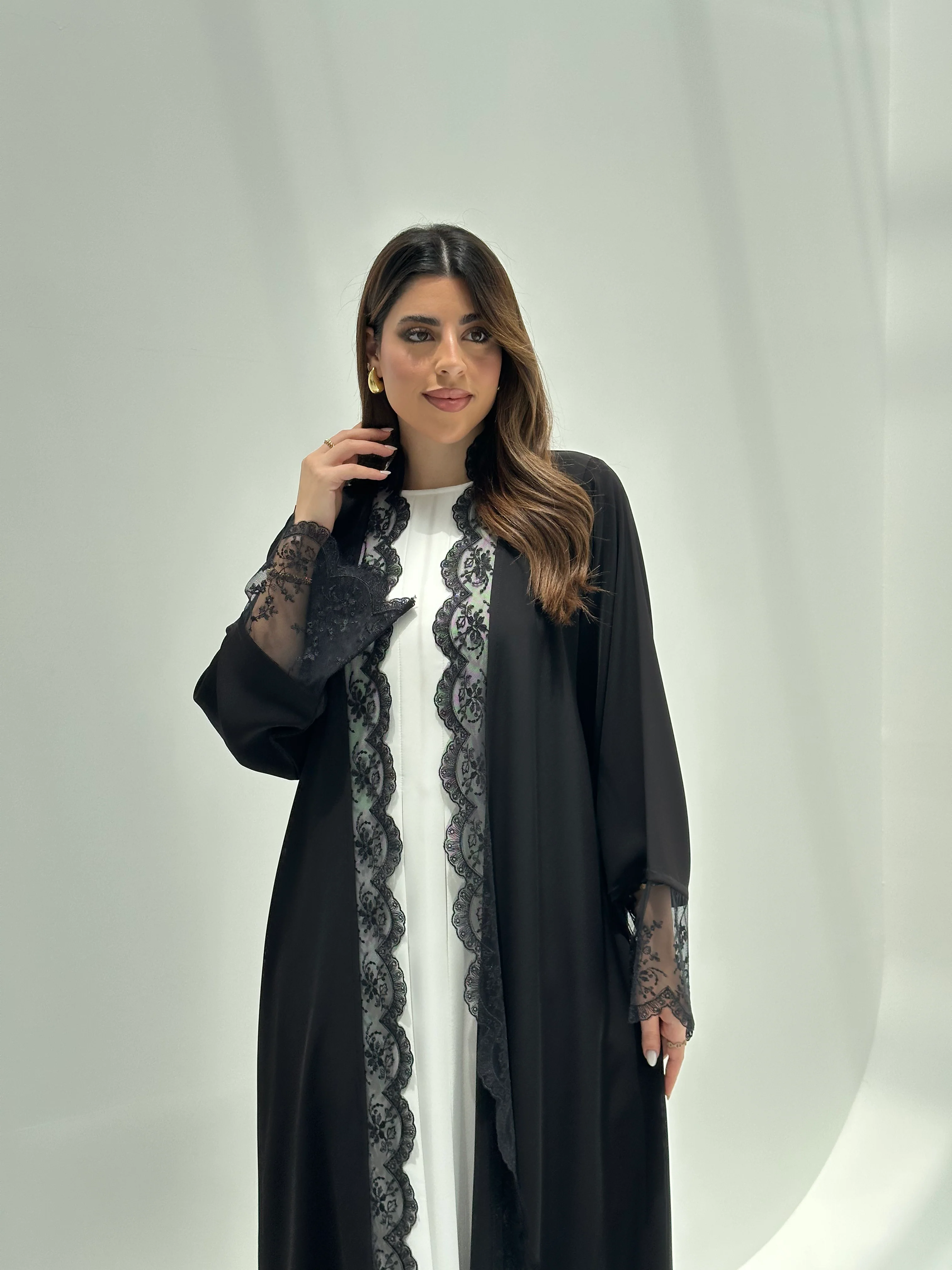 C 2170 Black Floral Lace Eid Abaya - Image 2