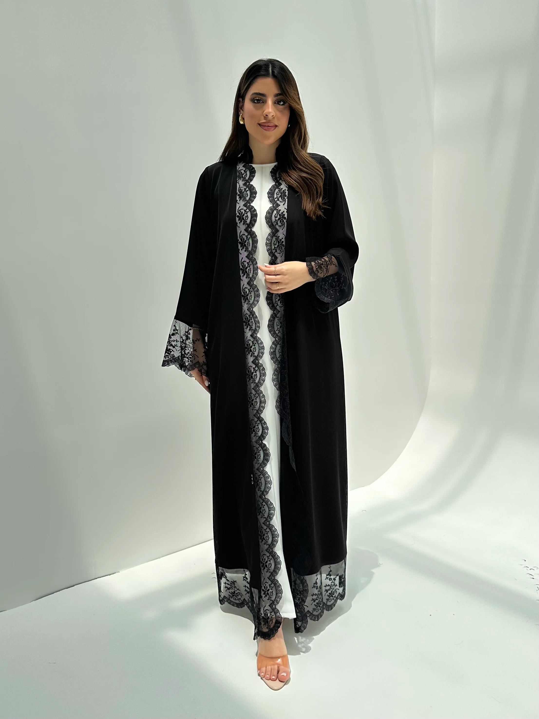 C 2170 Black Floral Lace Eid Abaya - Image 3