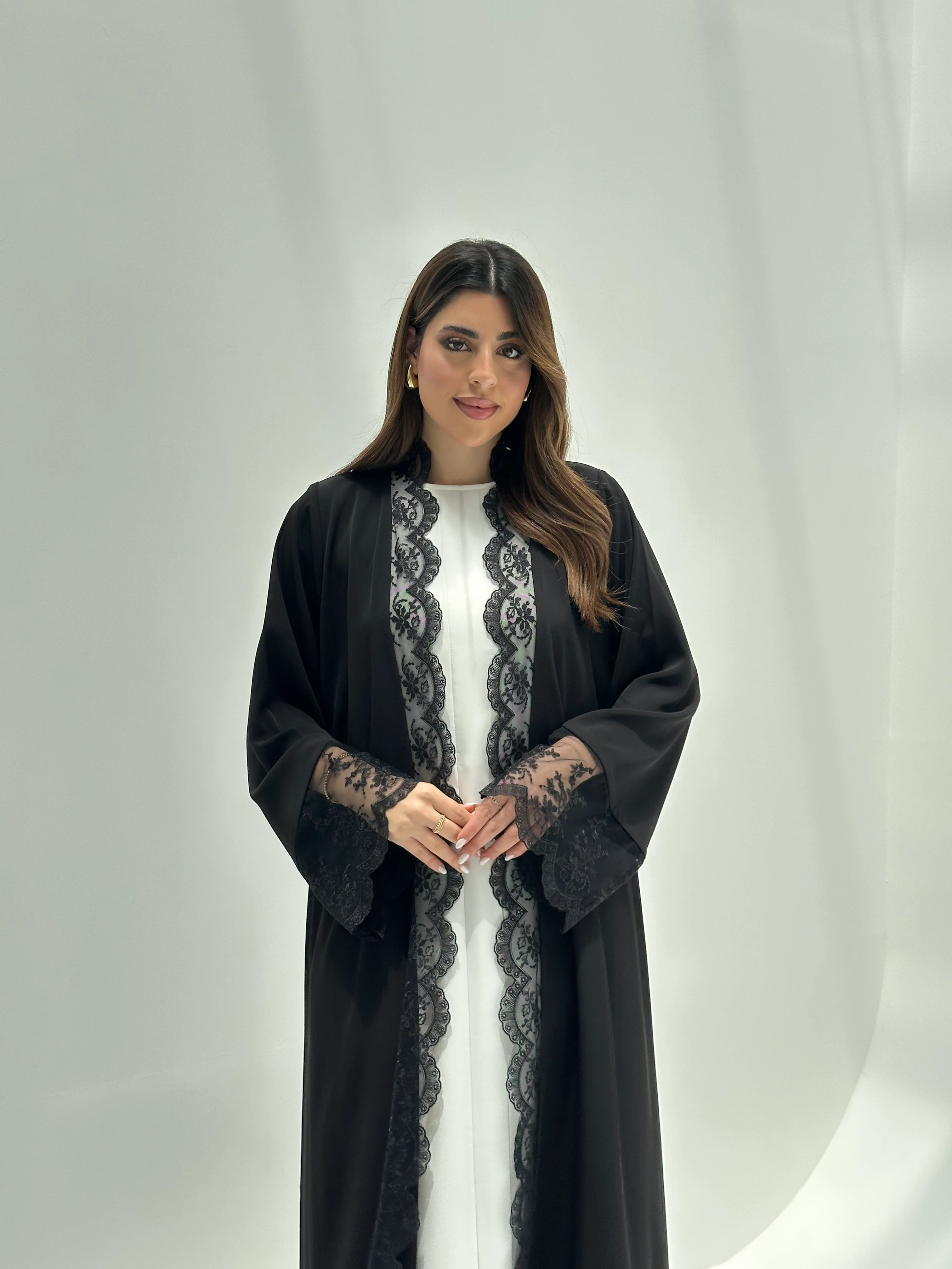 C 2170 Black Floral Lace Eid Abaya - Image 4