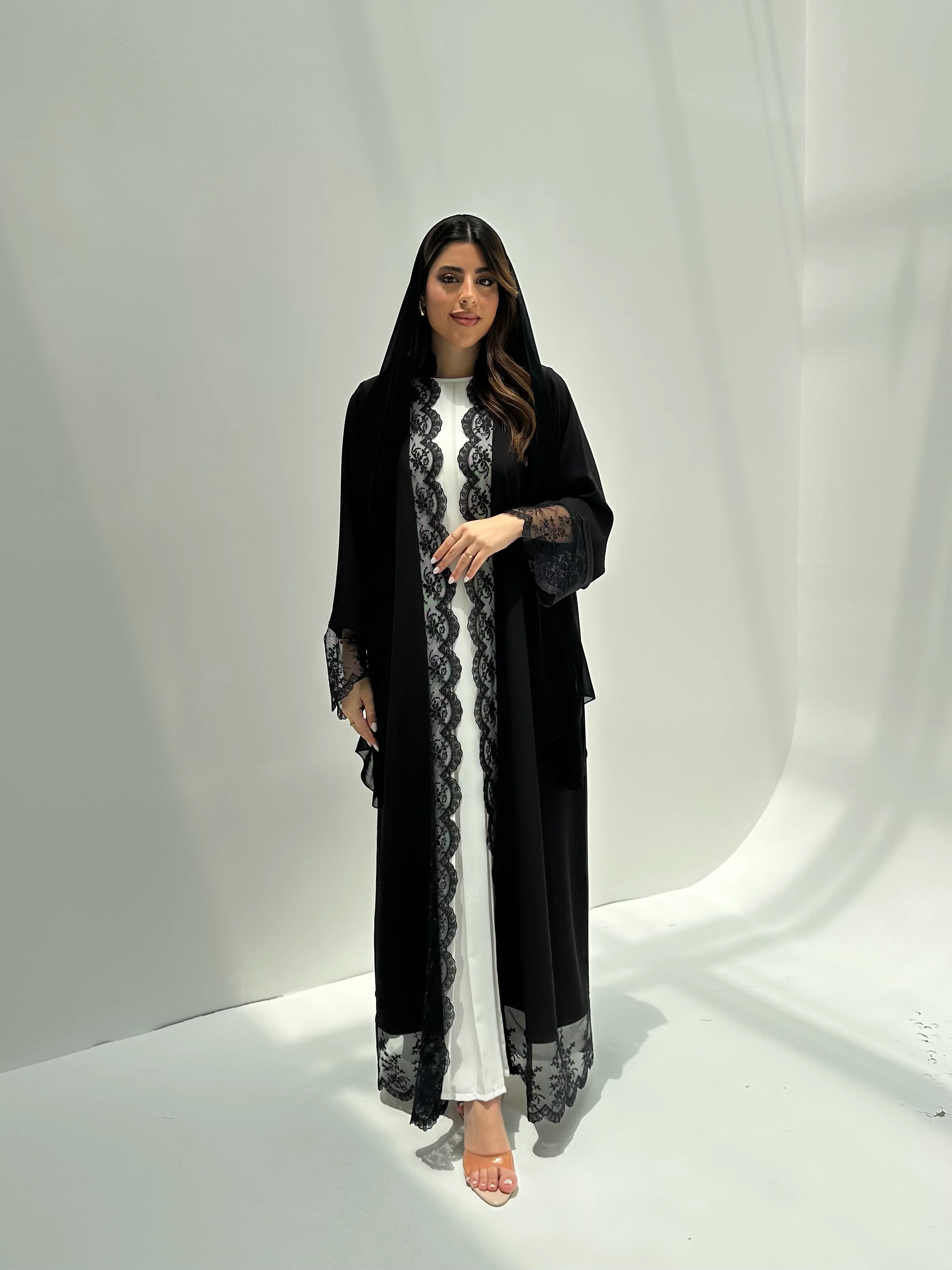 C 2170 Black Floral Lace Eid Abaya - Image 6
