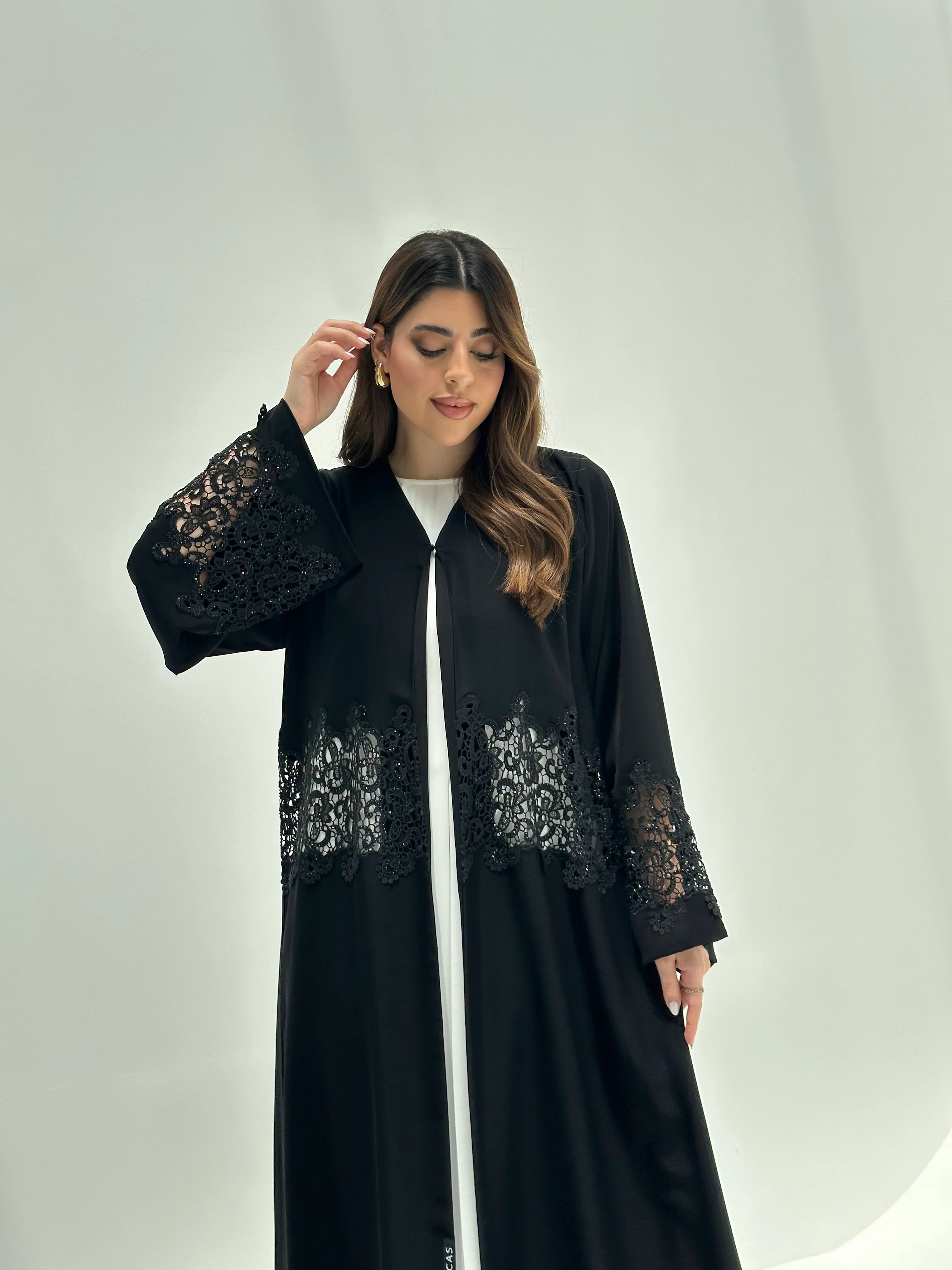 C 2171 Black Crystal Lace Eid Abaya - Image 2