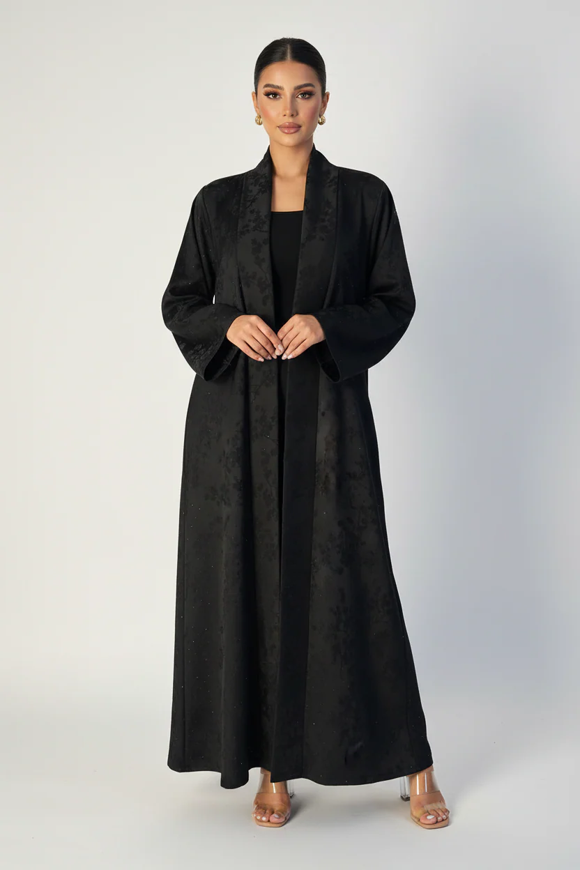 C 2194 Black Floral Rhinestone Abaya - Image 2