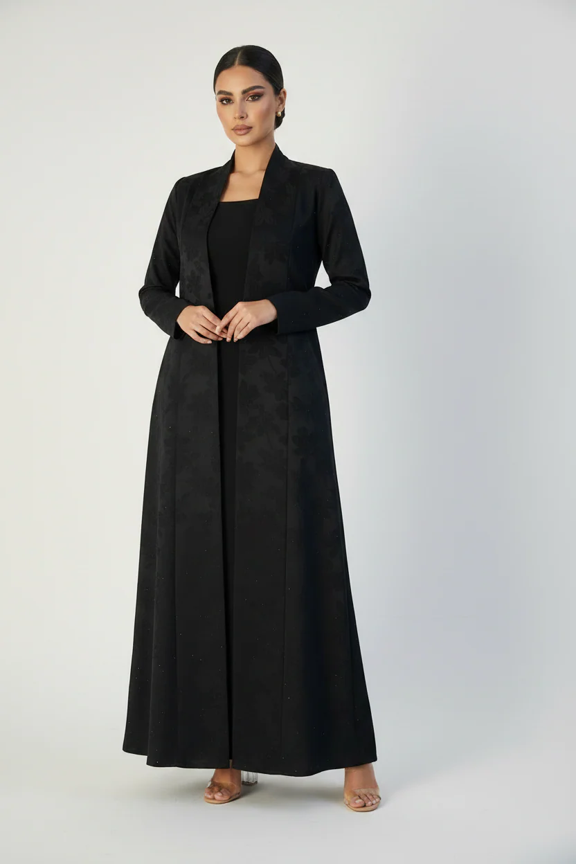 C 2197 Black Floral Rhinestone Abaya - Image 2