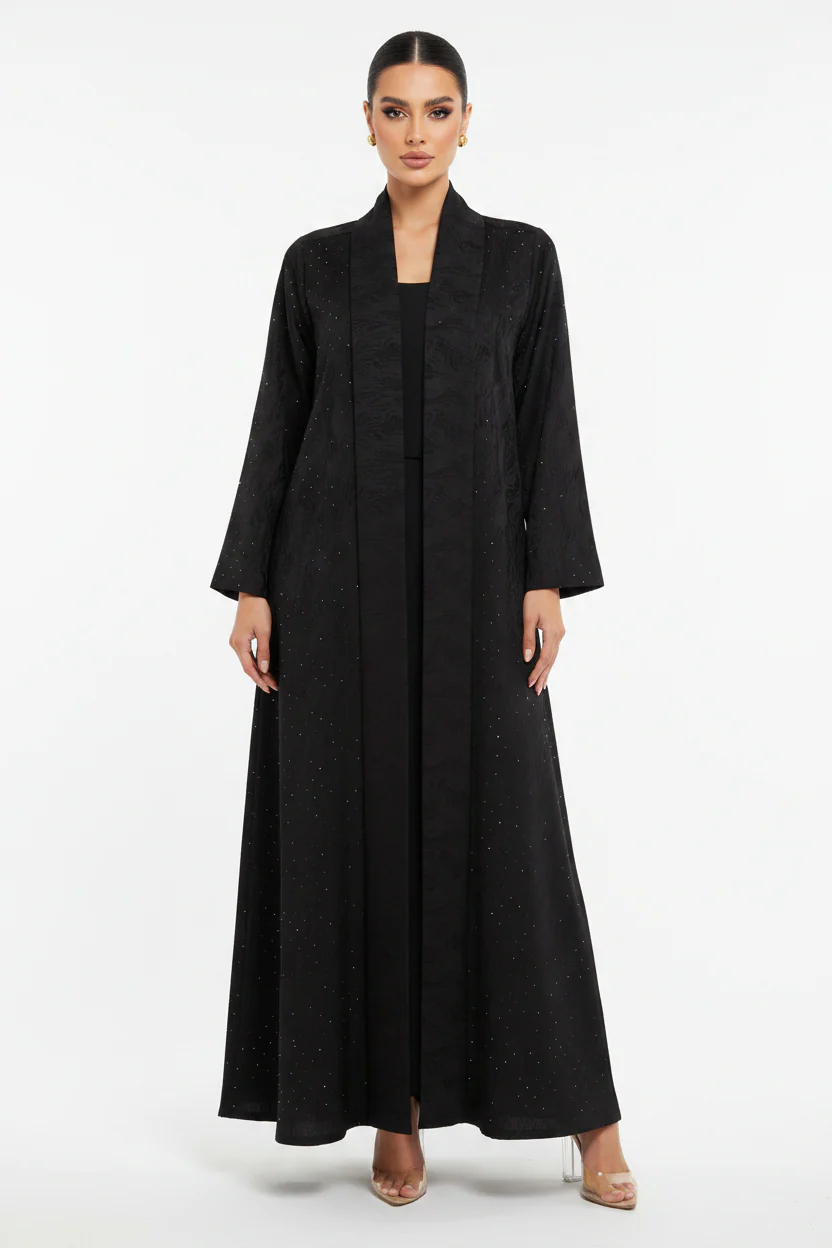 C 2198 Black Swirls Rhinestone Abaya - Image 2