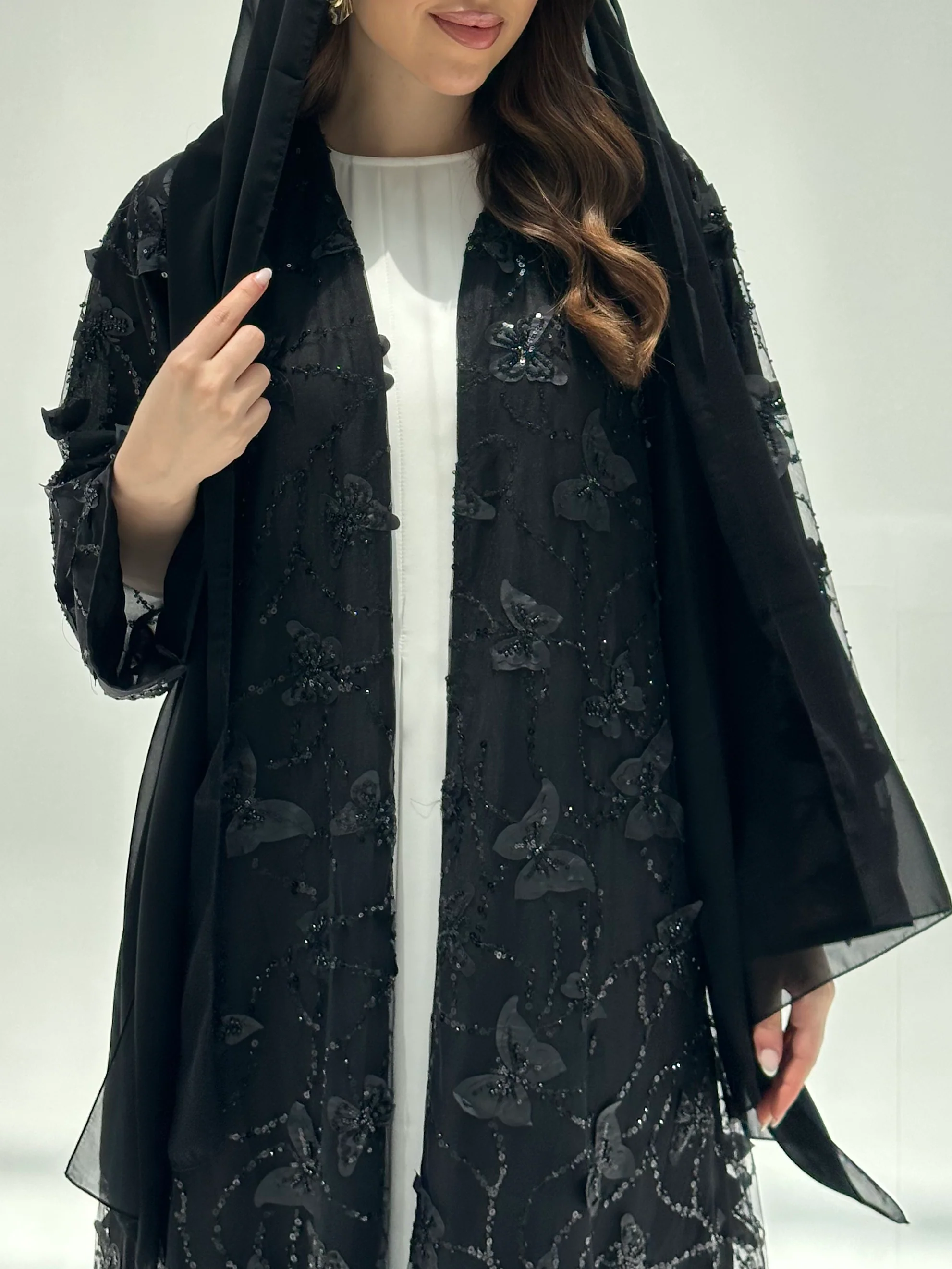 C 2201 Black Butterfly Beaded Dantel Abaya