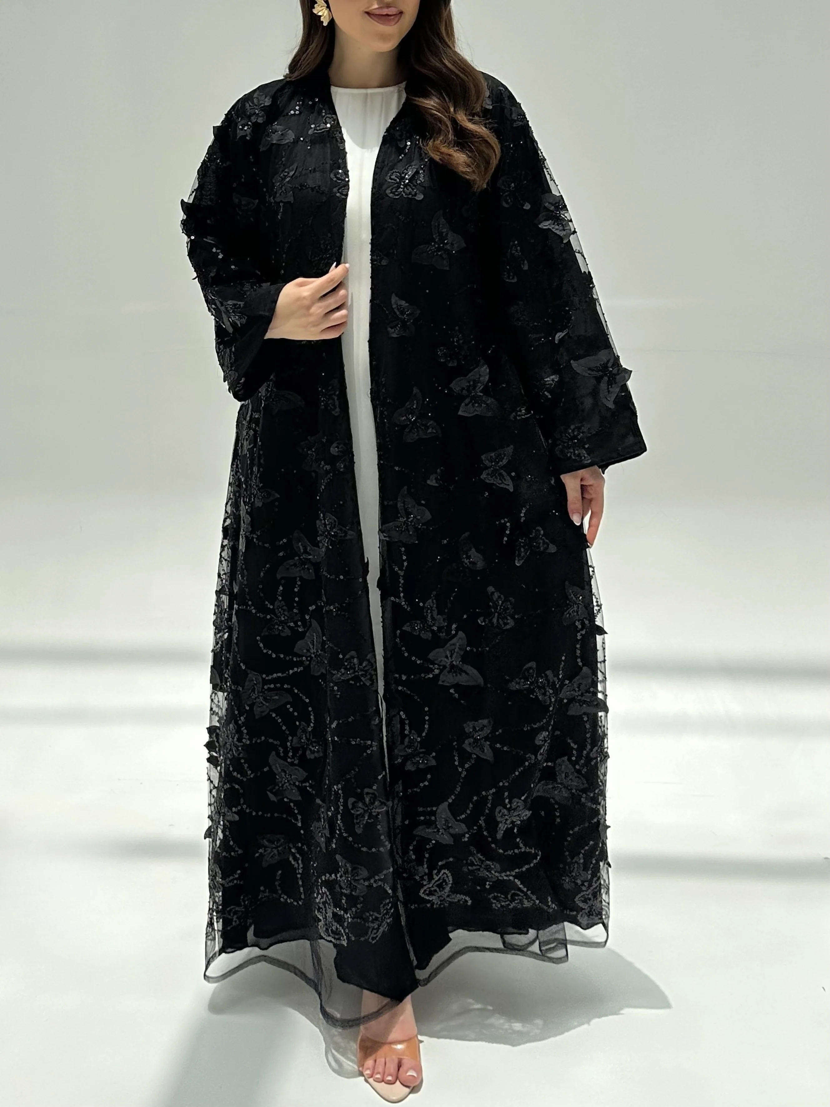 C 2201 Black Butterfly Beaded Dantel Abaya - Image 3