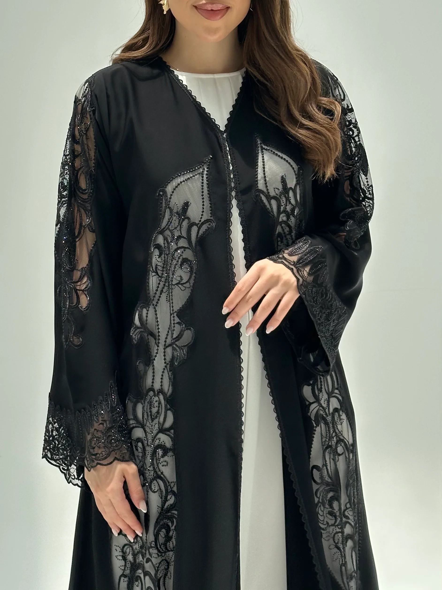 C 2212 Black Crystal Dantel Abaya - Image 3