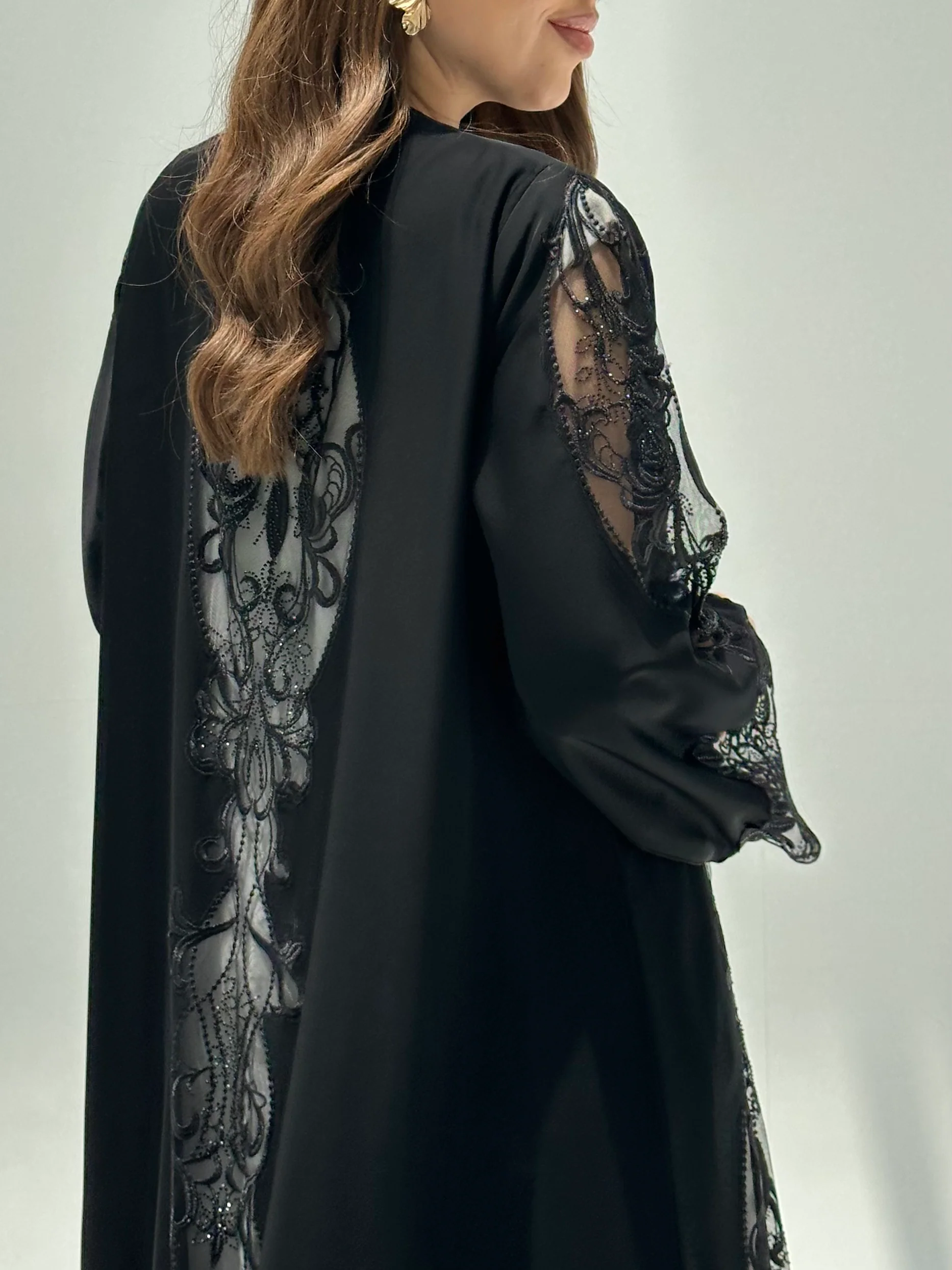 C 2212 Black Crystal Dantel Abaya - Image 4