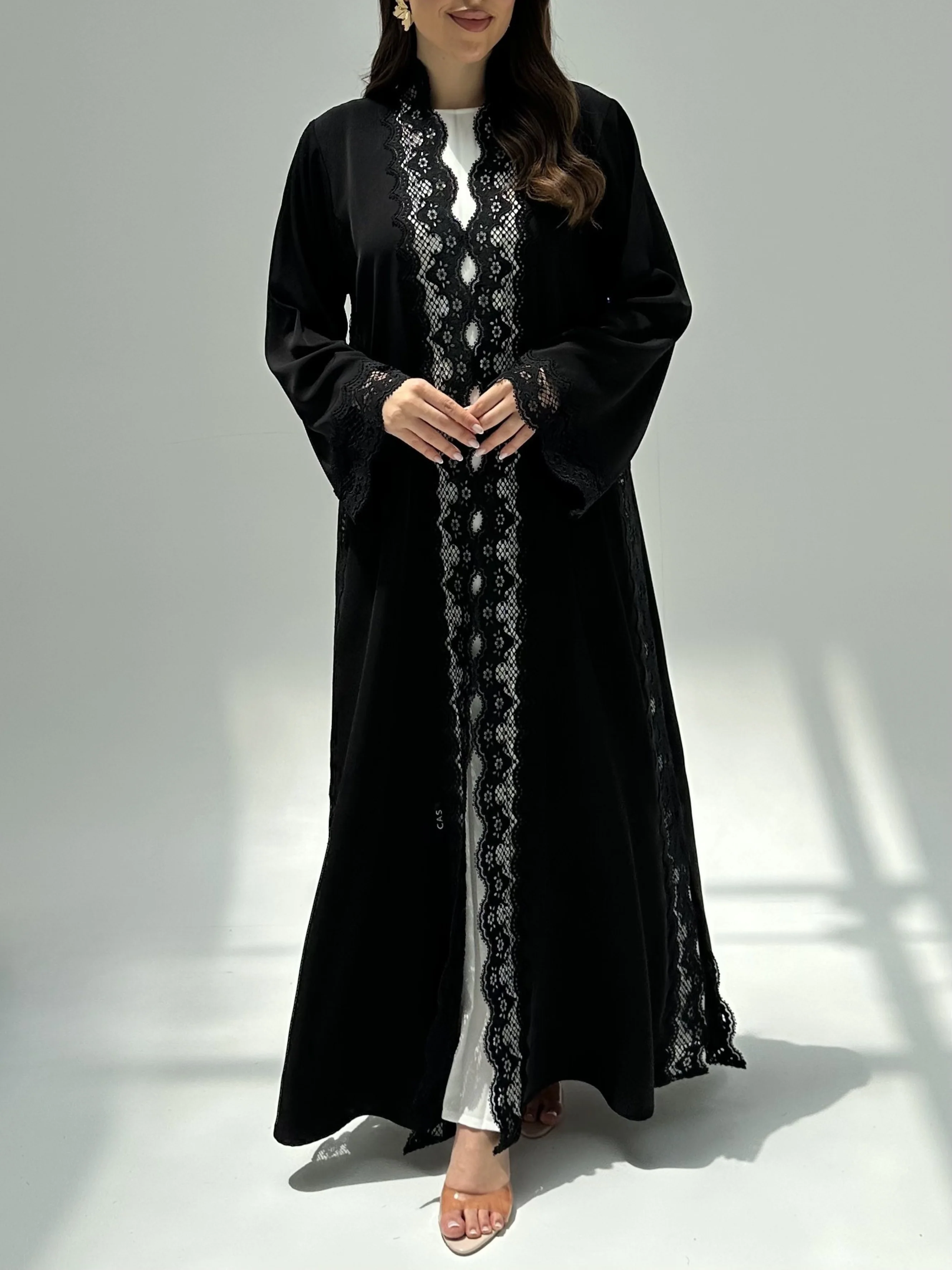 C 2215 Black Floral Lace Abaya - Image 2