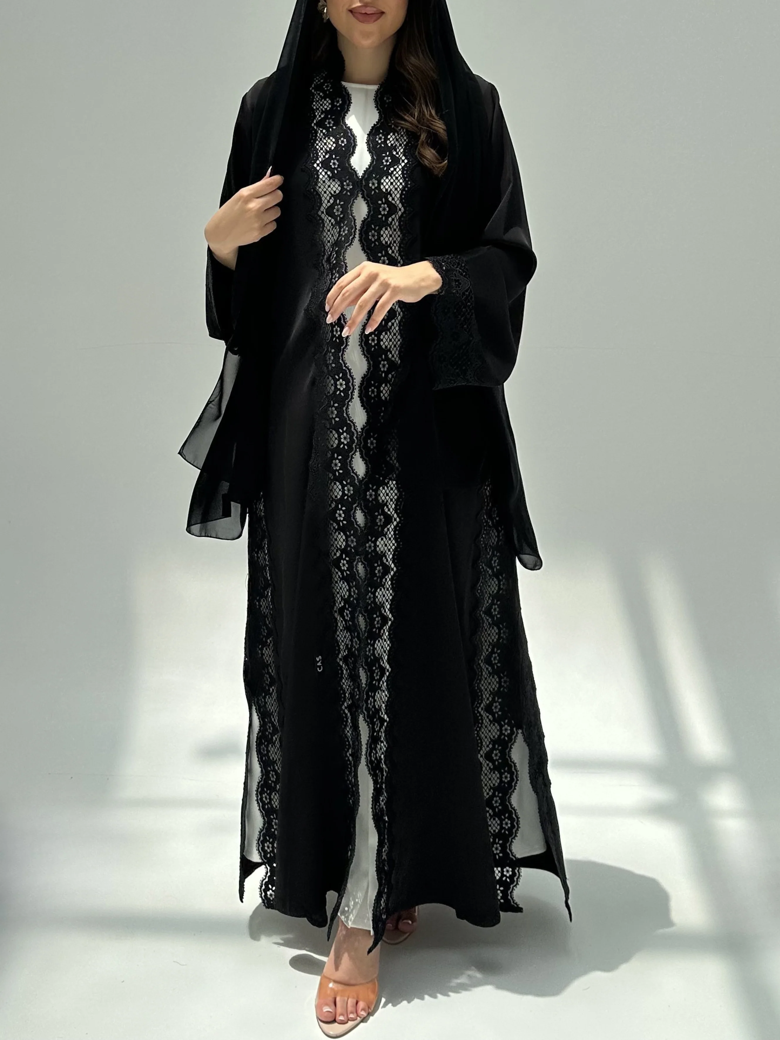 C 2215 Black Floral Lace Abaya - Image 3