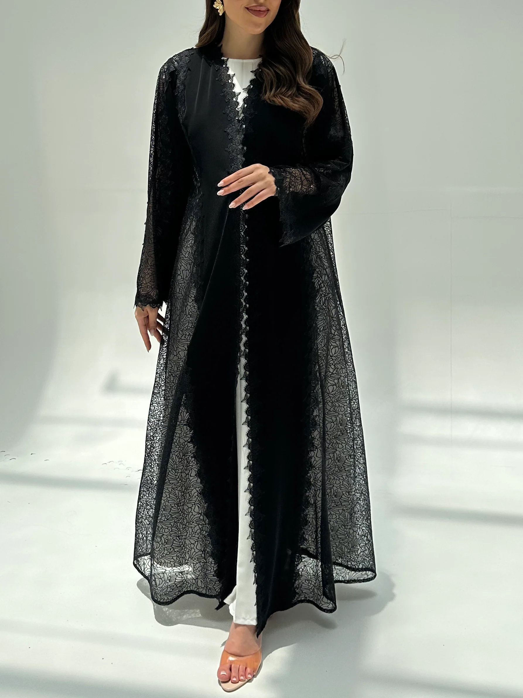 C 2216 Black Floral Dantel Abaya - Image 2