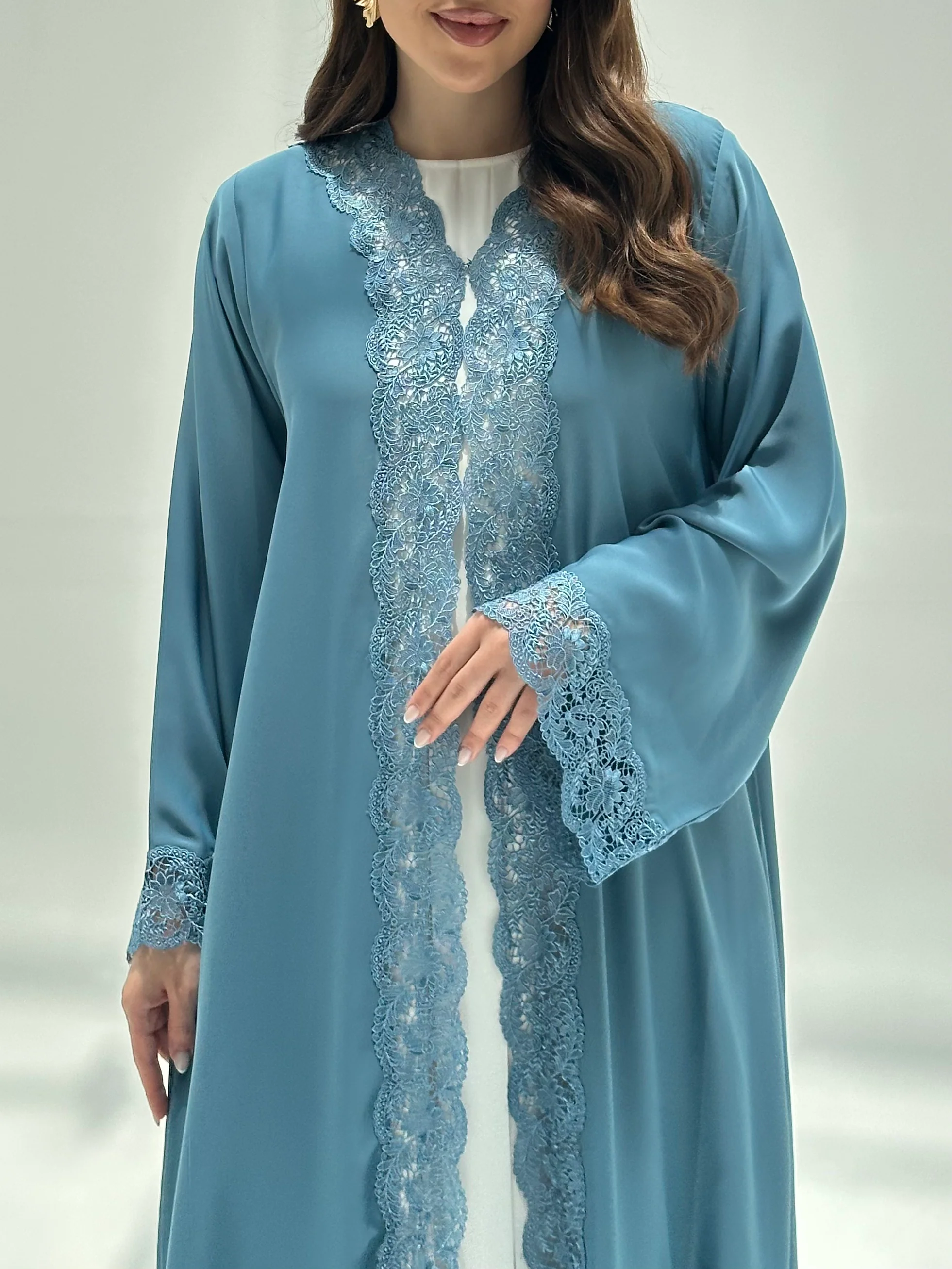 C 2217 Light Blue Lace Abaya - Image 2
