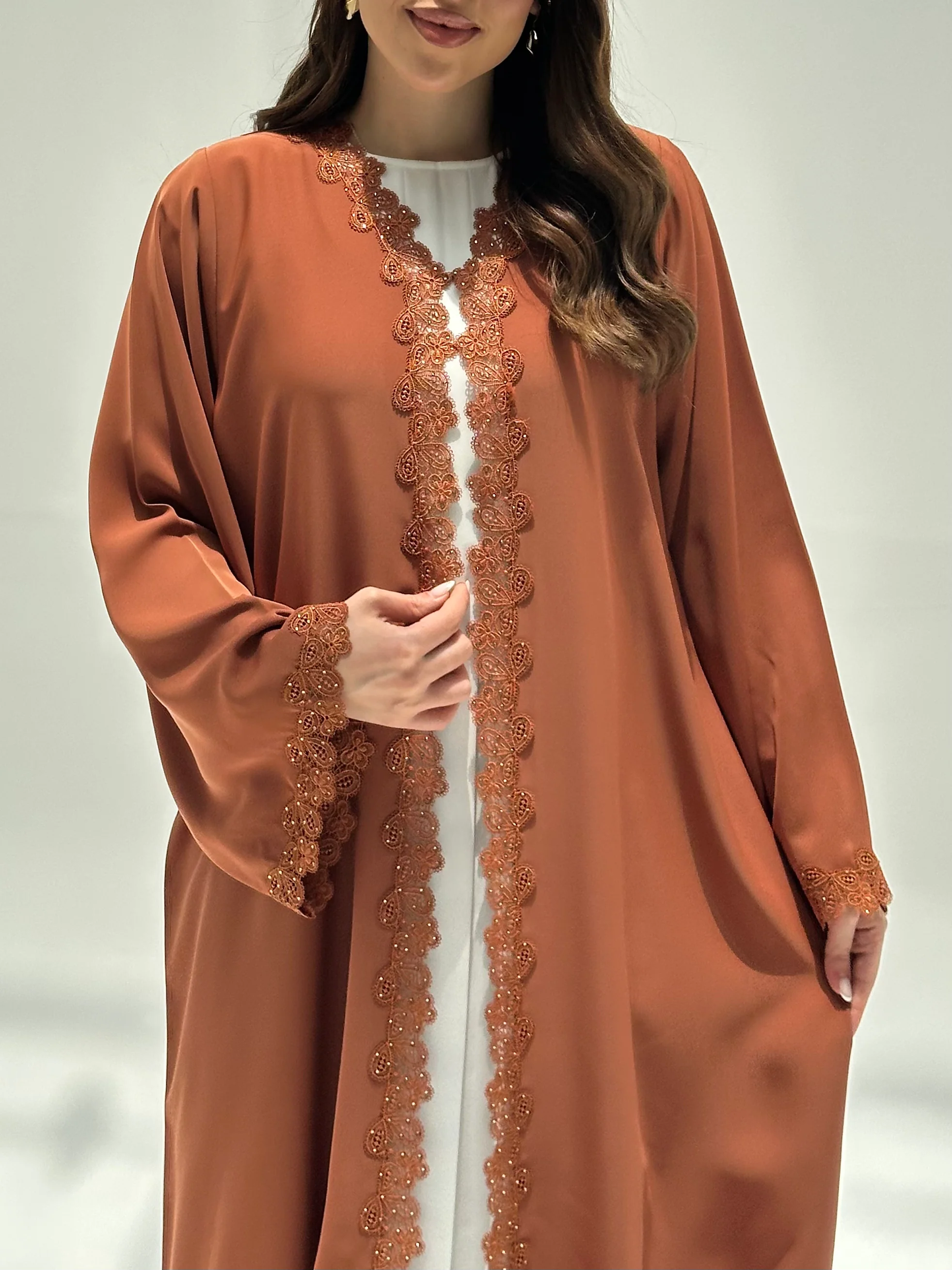 C 2218 Marmalade Orange Lace Abaya - Image 2