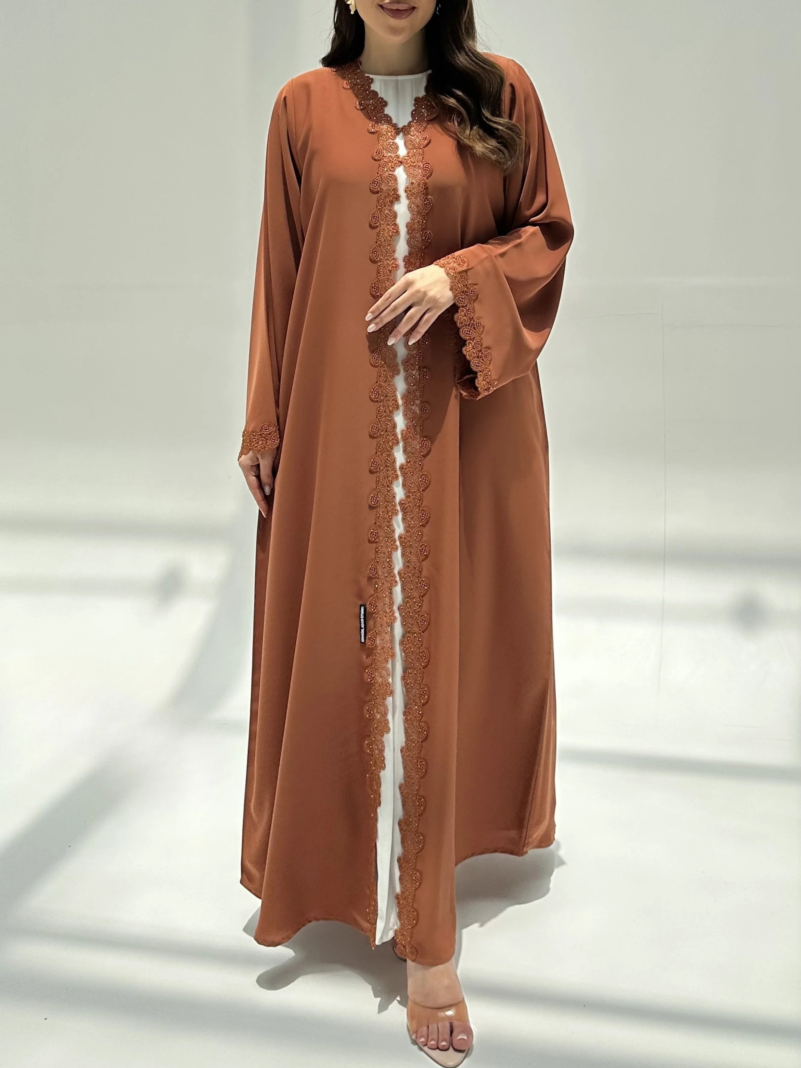 C 2218 Marmalade Orange Lace Abaya - Image 3