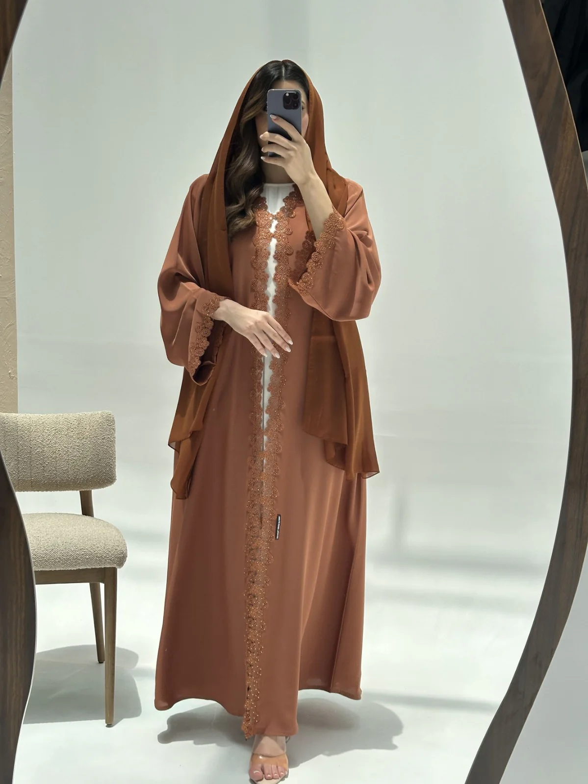 C 2218 Marmalade Orange Lace Abaya - Image 4