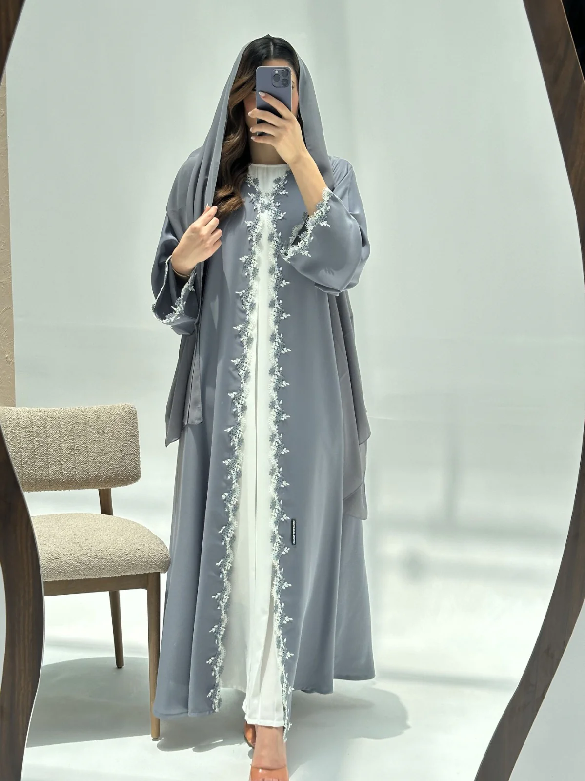 C 2221 Silver Fern Lace Abaya - Image 5