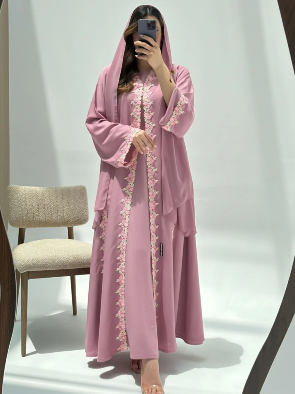 C 2222 Carnation Pink Lace Abaya - Image 5
