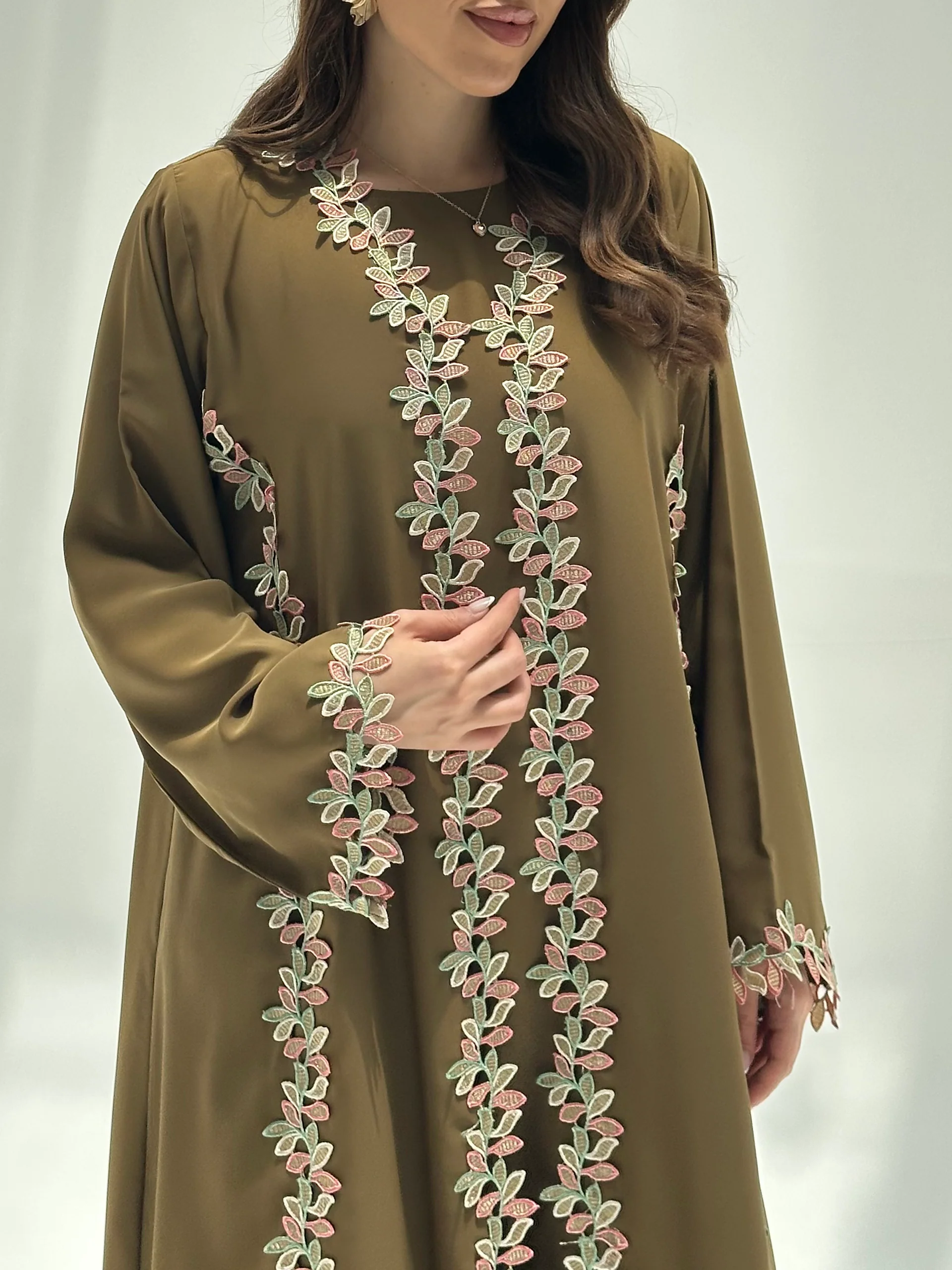 C 2224 Dusky Olive Lace Abaya - Image 2
