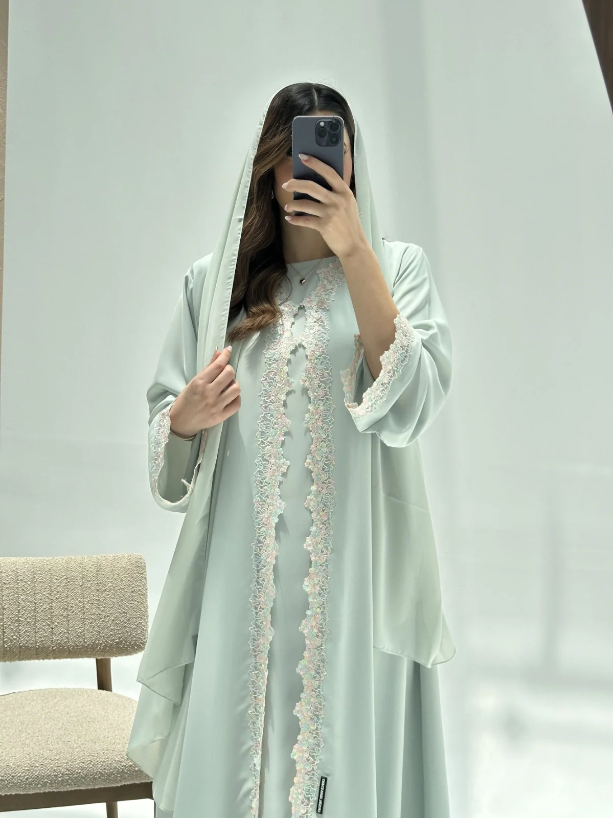 C 2225 Light Turquoise Lace Abaya - Image 4
