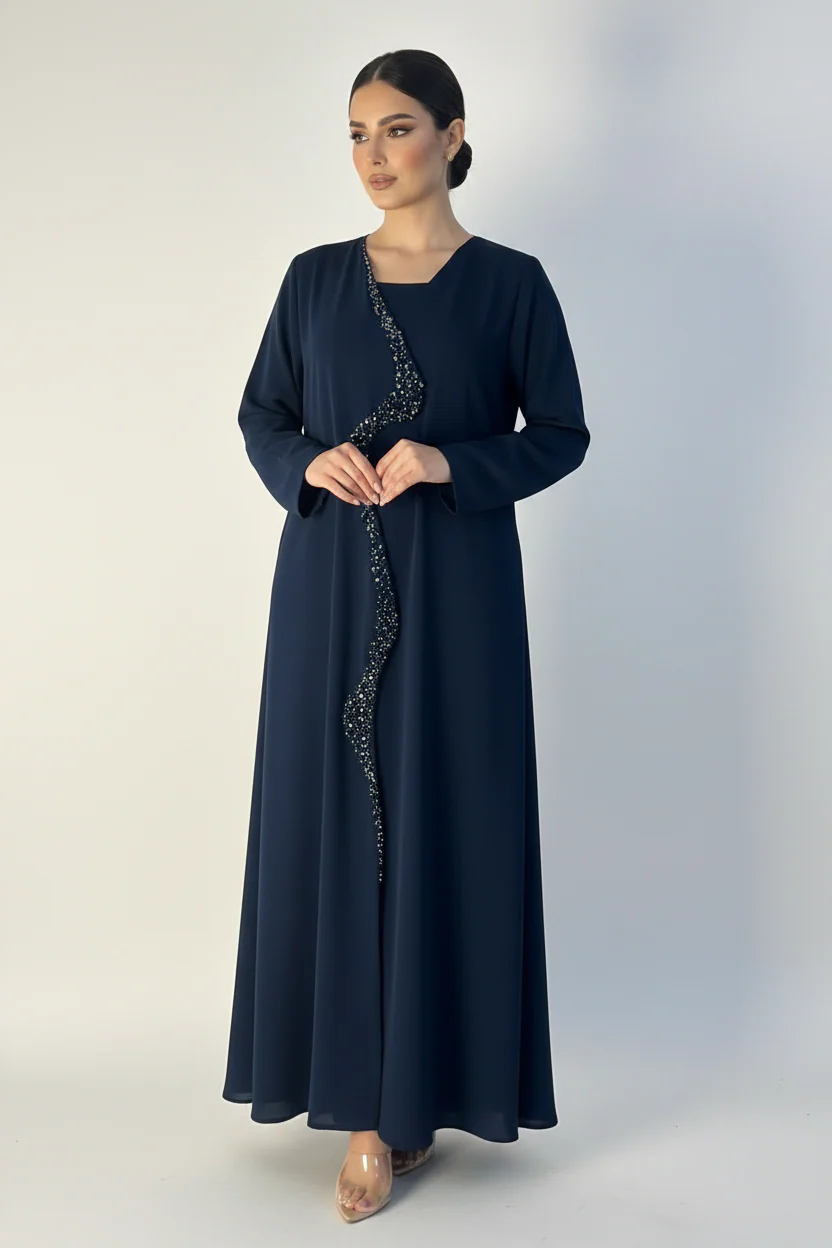 C 2234 Navy Blue Beaded Abaya - Image 2