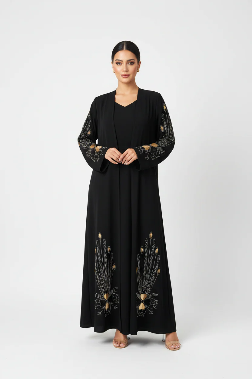 C 2244-01 Black Brown Beaded Abaya - Image 2