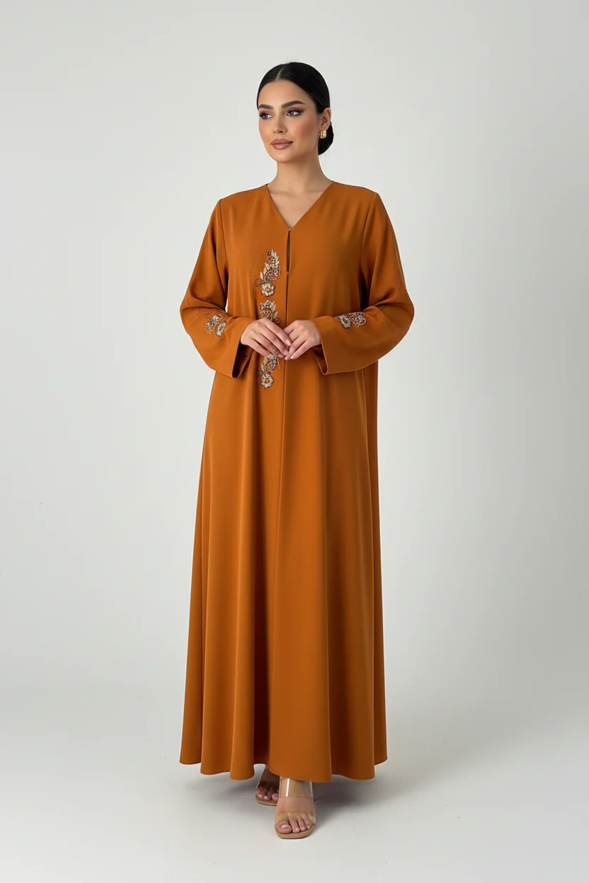 C 2258 Pumpkin Orange Beaded Abaya - Image 2