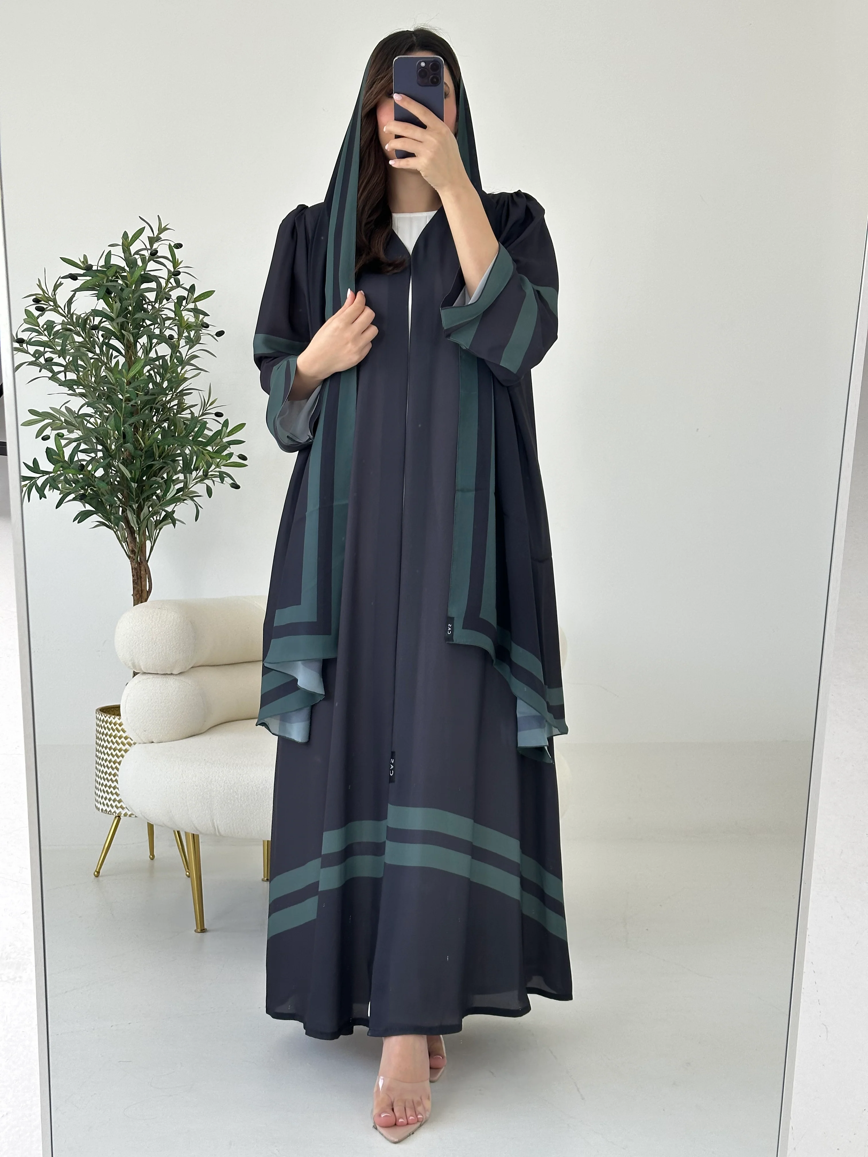C 2262 Black Green Stripe Printed Abaya - Image 2