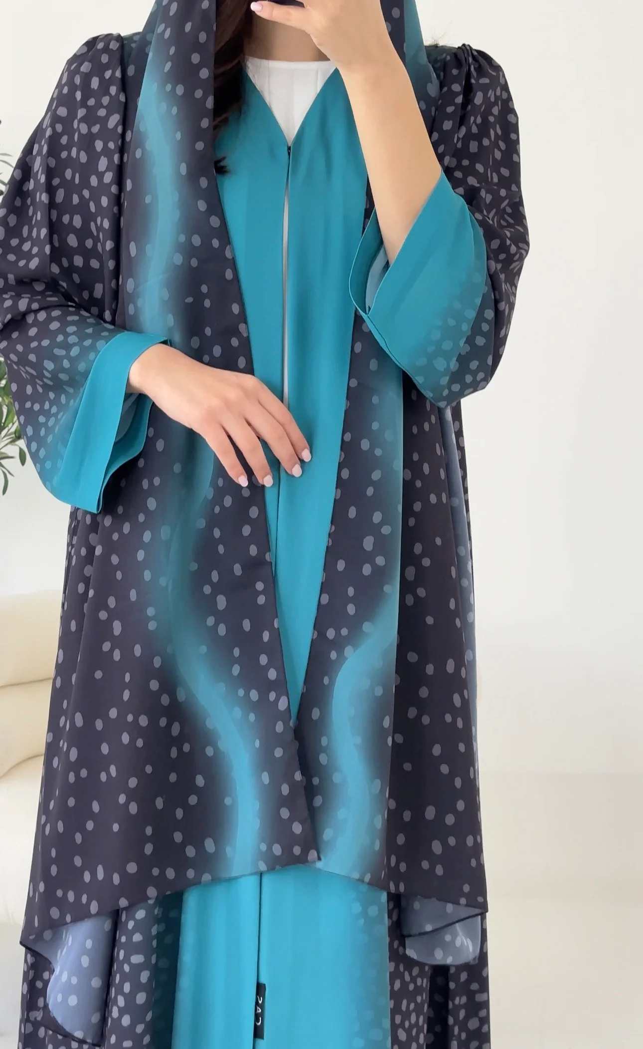 C 2271 Blue Polka Printed Abaya - Image 3