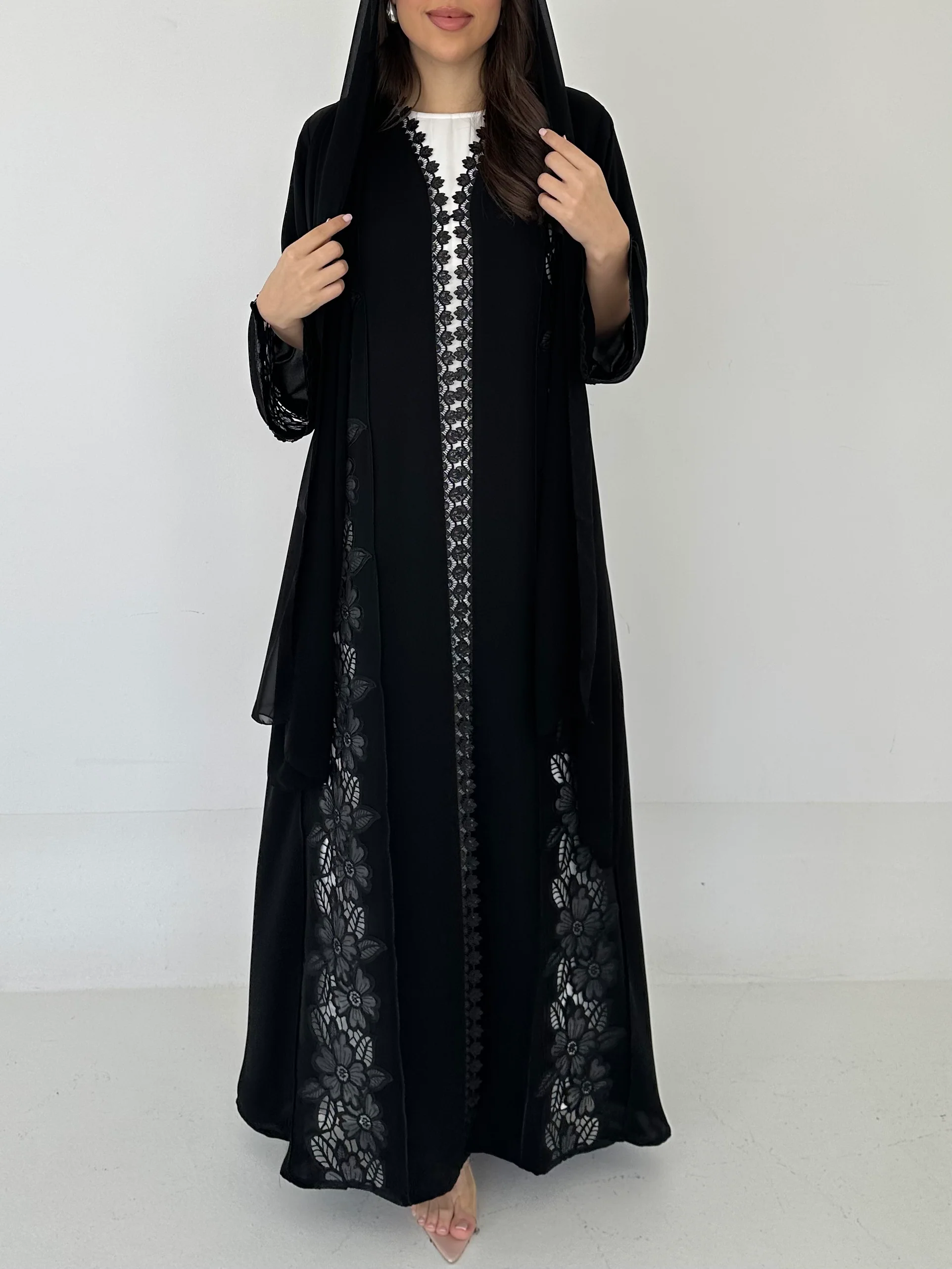 C 2275 Black Floral Lace Abaya - Image 5