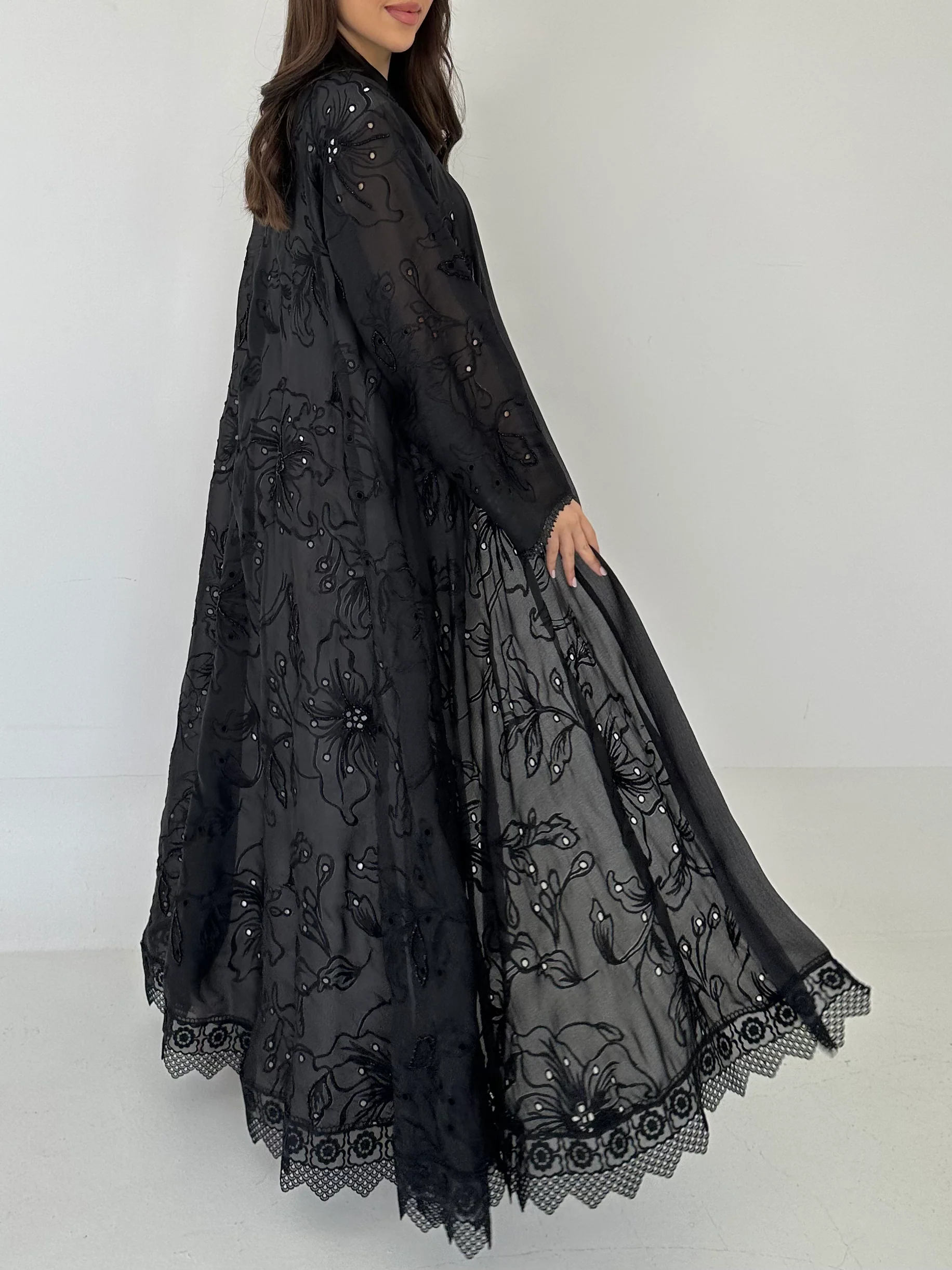 C 2279 Black Beaded Floral Abaya - Image 2