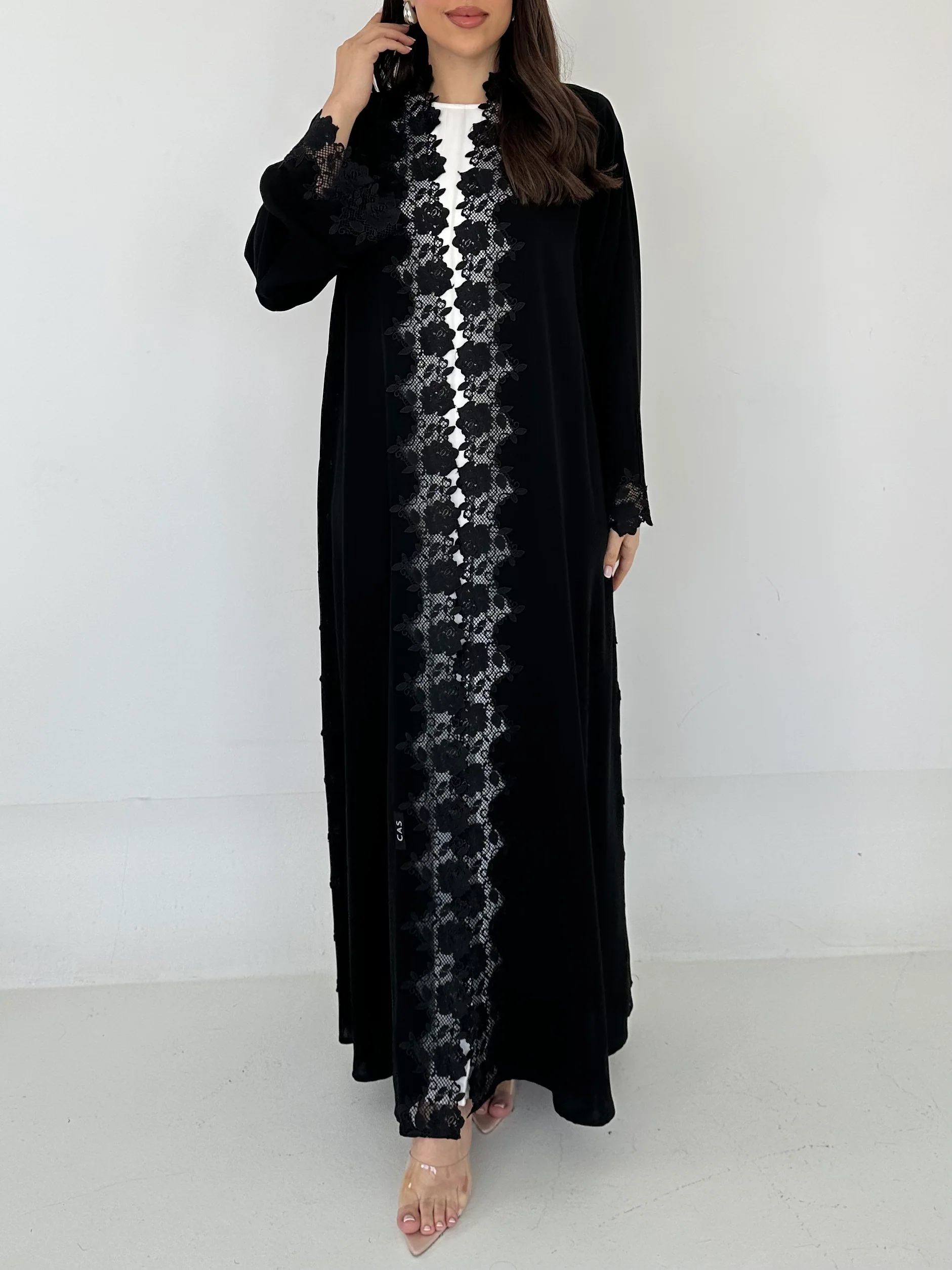 C 2293 Black Floral Lace Abaya - Image 2