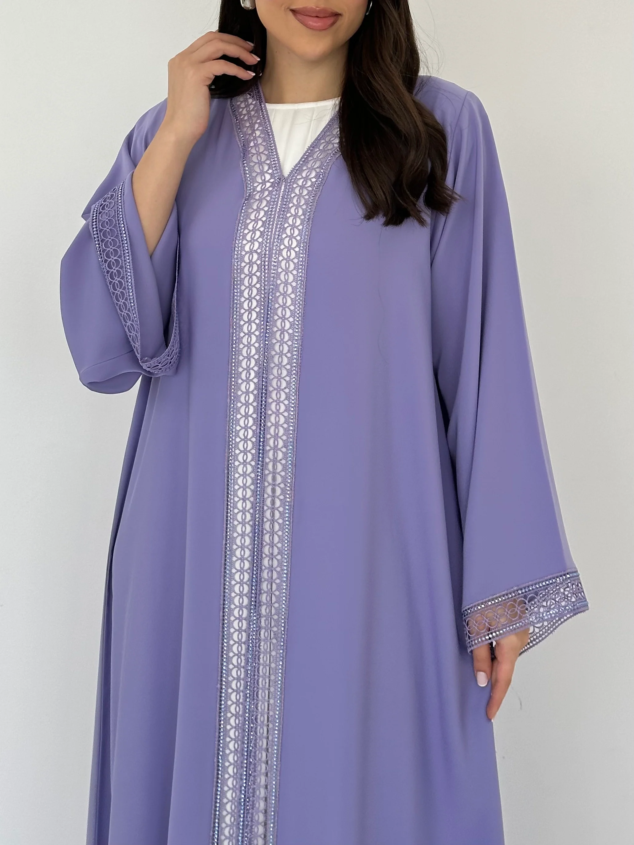 C 2306 Lavender Crystal Lace Abaya - Image 3