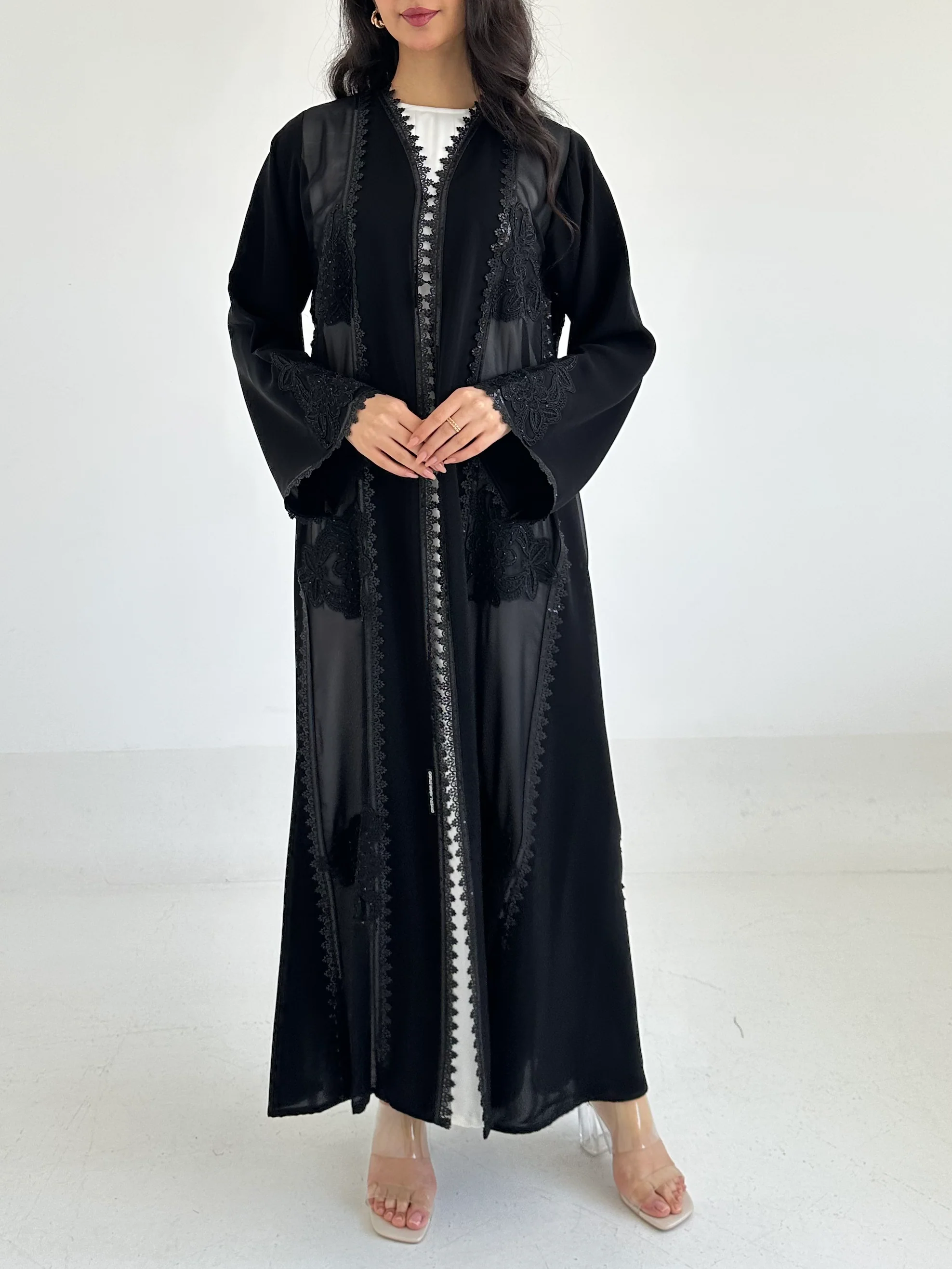 C 2351 Black Crystal Lace Abaya - Image 2